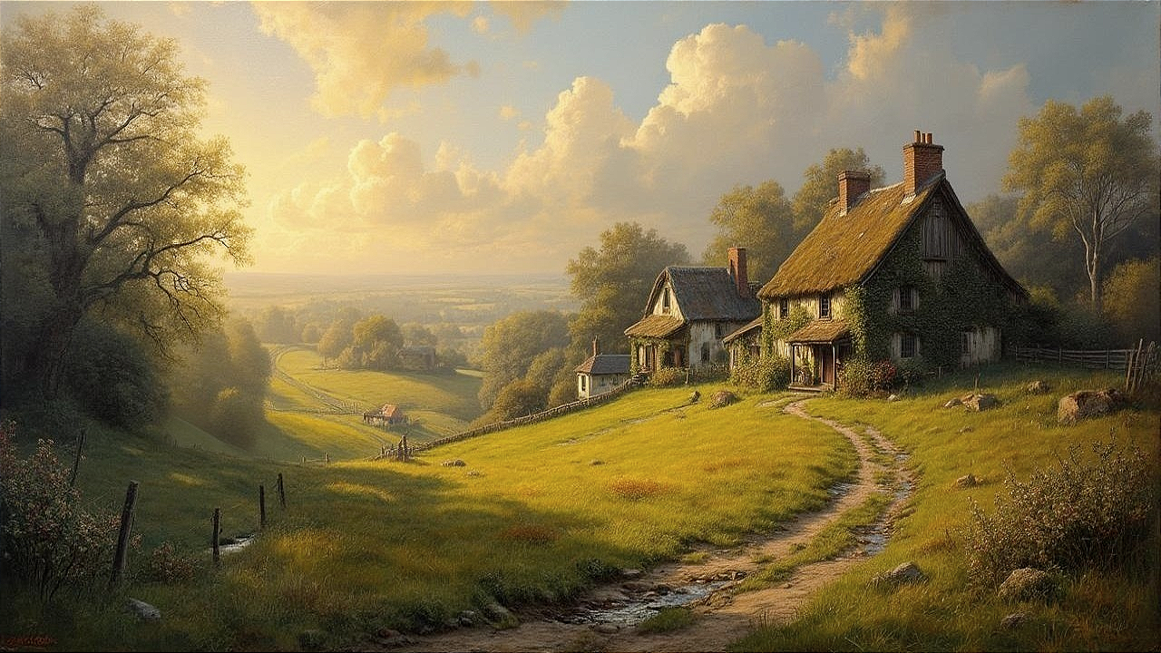 Serene rural landscape with thatched-roof cottages