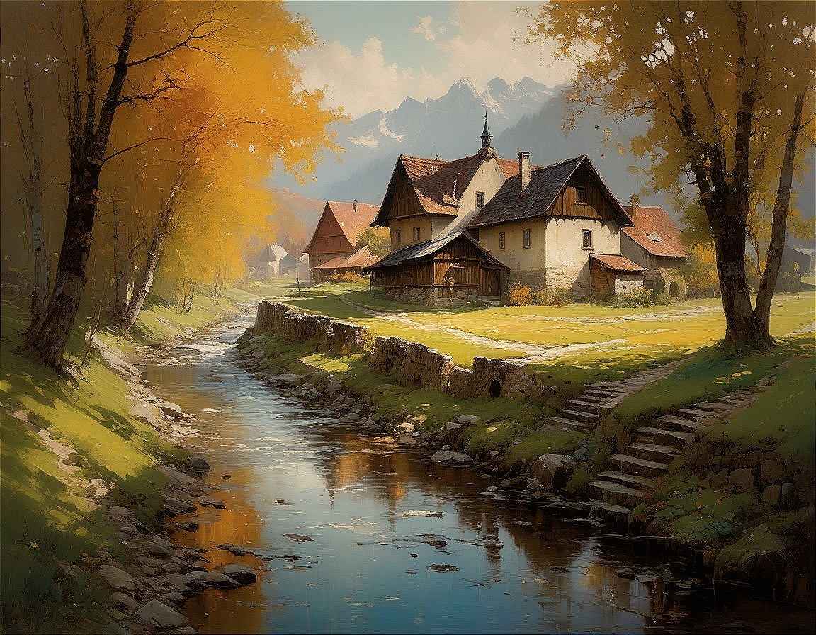 Serene Village Scene by a Flowing Stream in Autumn