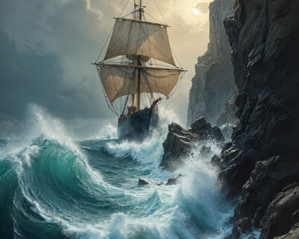 Majestic ship navigating tumultuous ocean waves