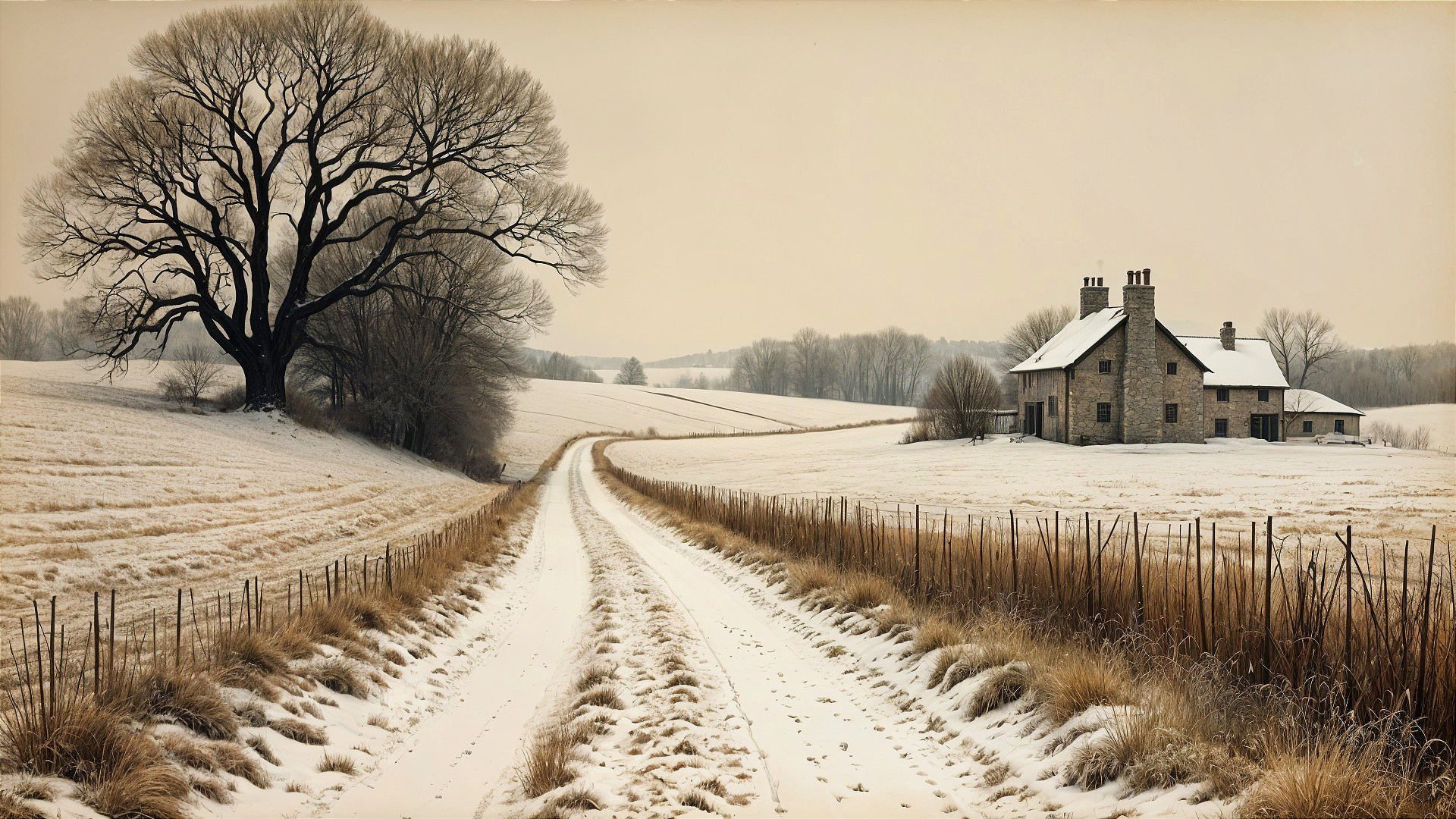 Winter Landscape with Stone House and Snowy Fields