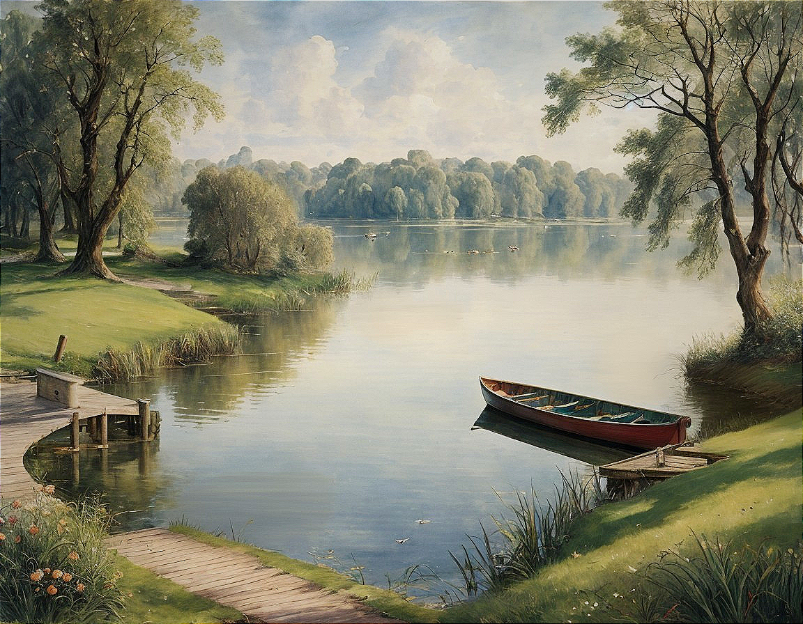 Serene Landscape with Calm Lake and Lush Greenery