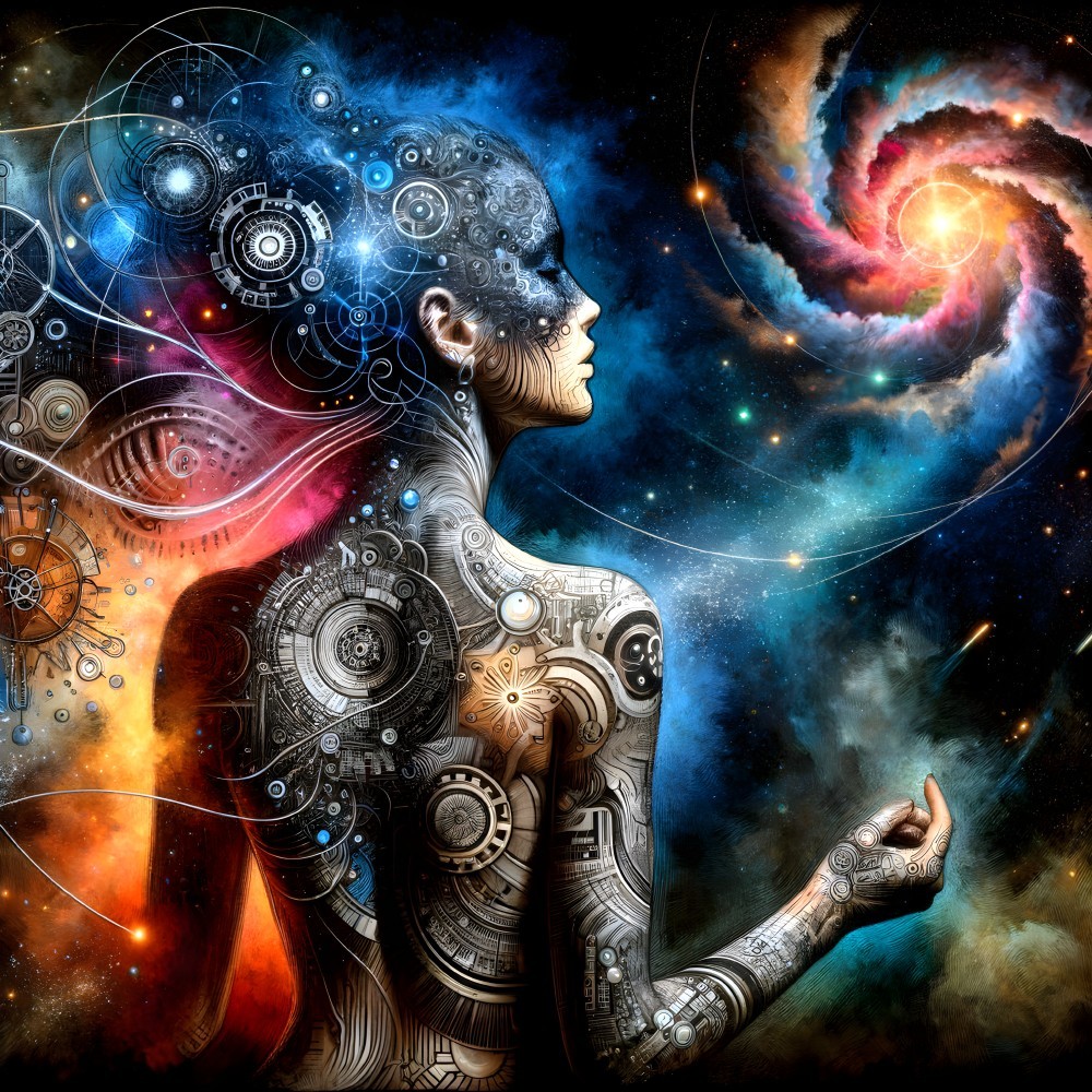 Female Cyborg Side Profile with Mechanical Details on Cosmic Background