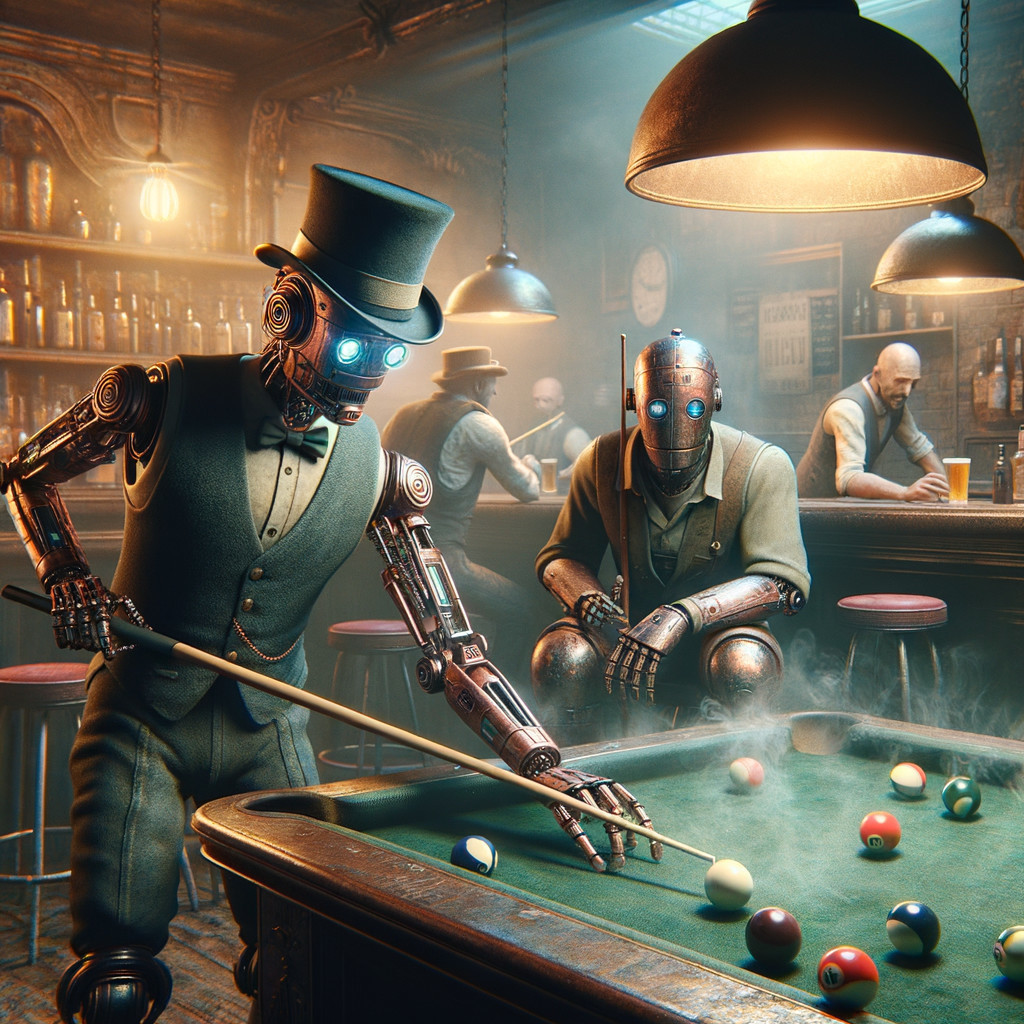 Steampunk robot playing pool in vintage bar ambiance