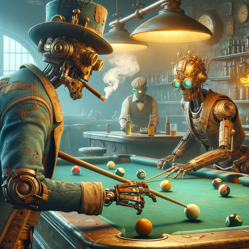 Steampunk-style robots playing pool in a bar with Victorian attire and atmospheric lighting.