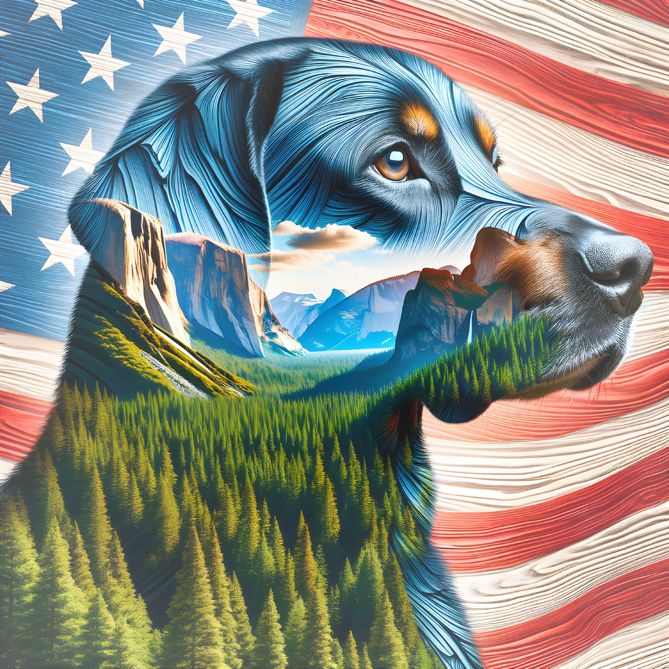 Digital artwork: Dog silhouette with mountain landscape on American flag background