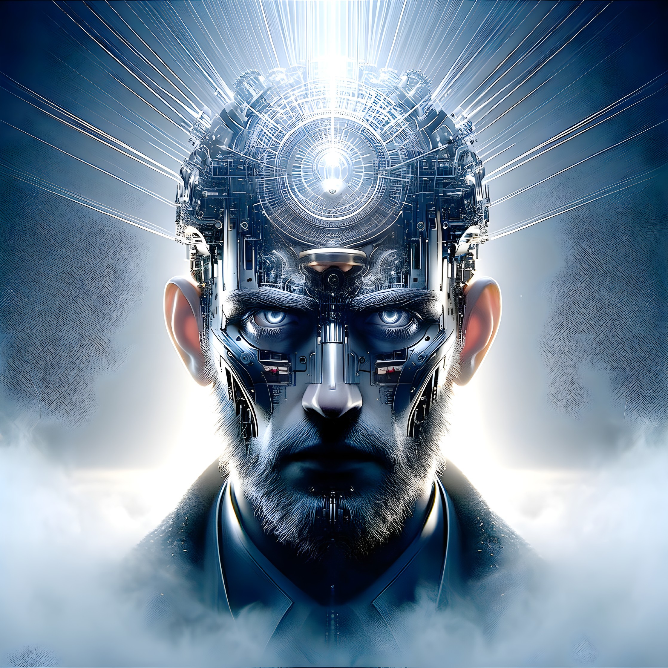 Detailed humanoid robot digital art with glowing blue eyes and cybernetic components on dark background.