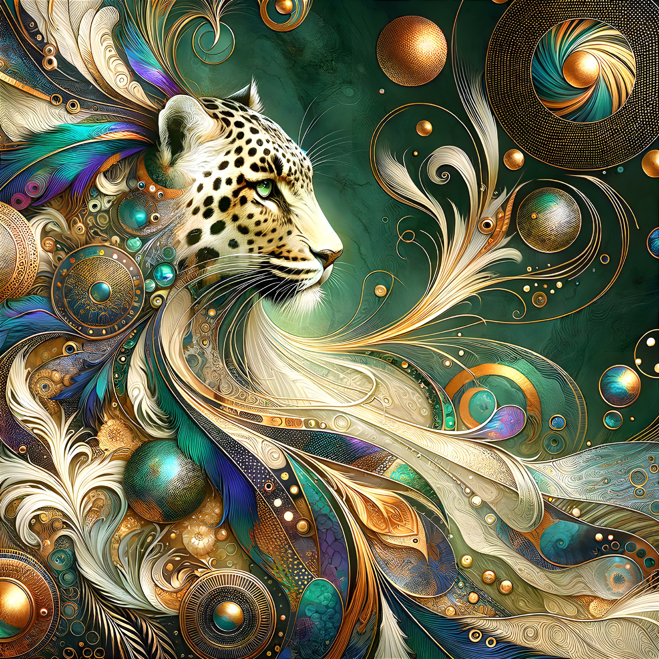 Vibrant teal, gold, and bronze leopard art with abstract patterns