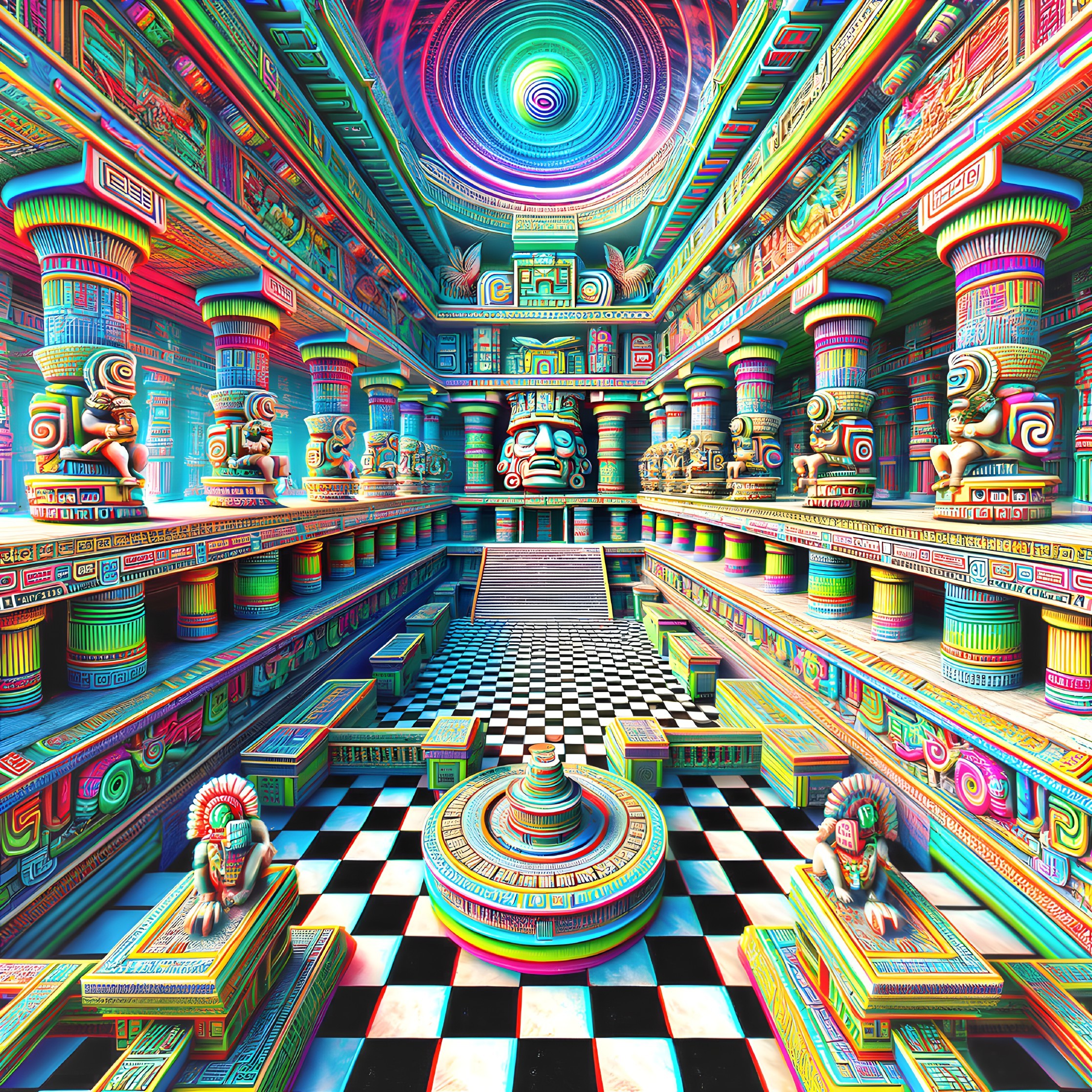 Surreal Temple Interior with Intricate Carvings and Colors