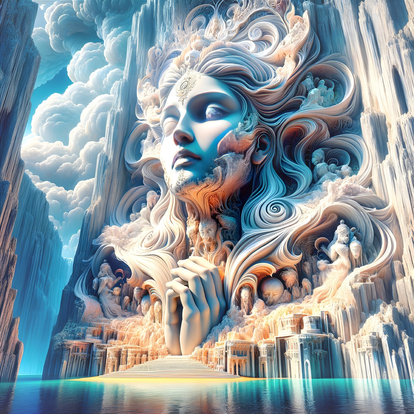 Ethereal Female Figure in Serene Landscape Setting