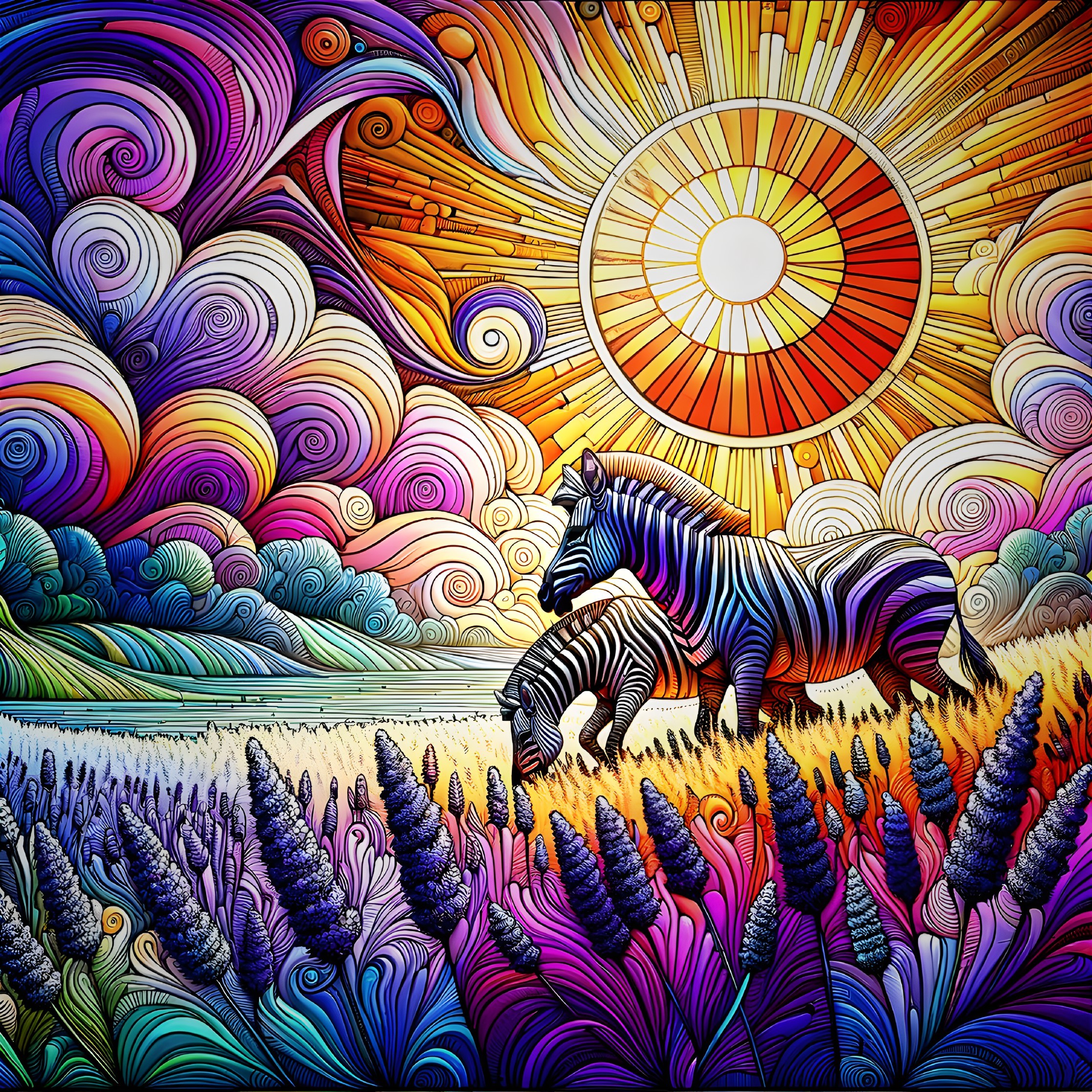 Vibrant Landscape with Zebras and Colorful Flowers