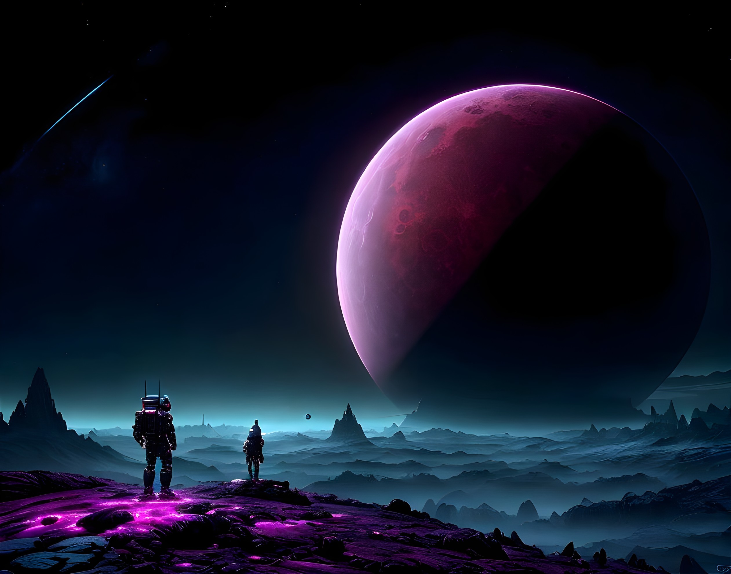 Astronauts on alien landscape with purple vegetation under night sky.