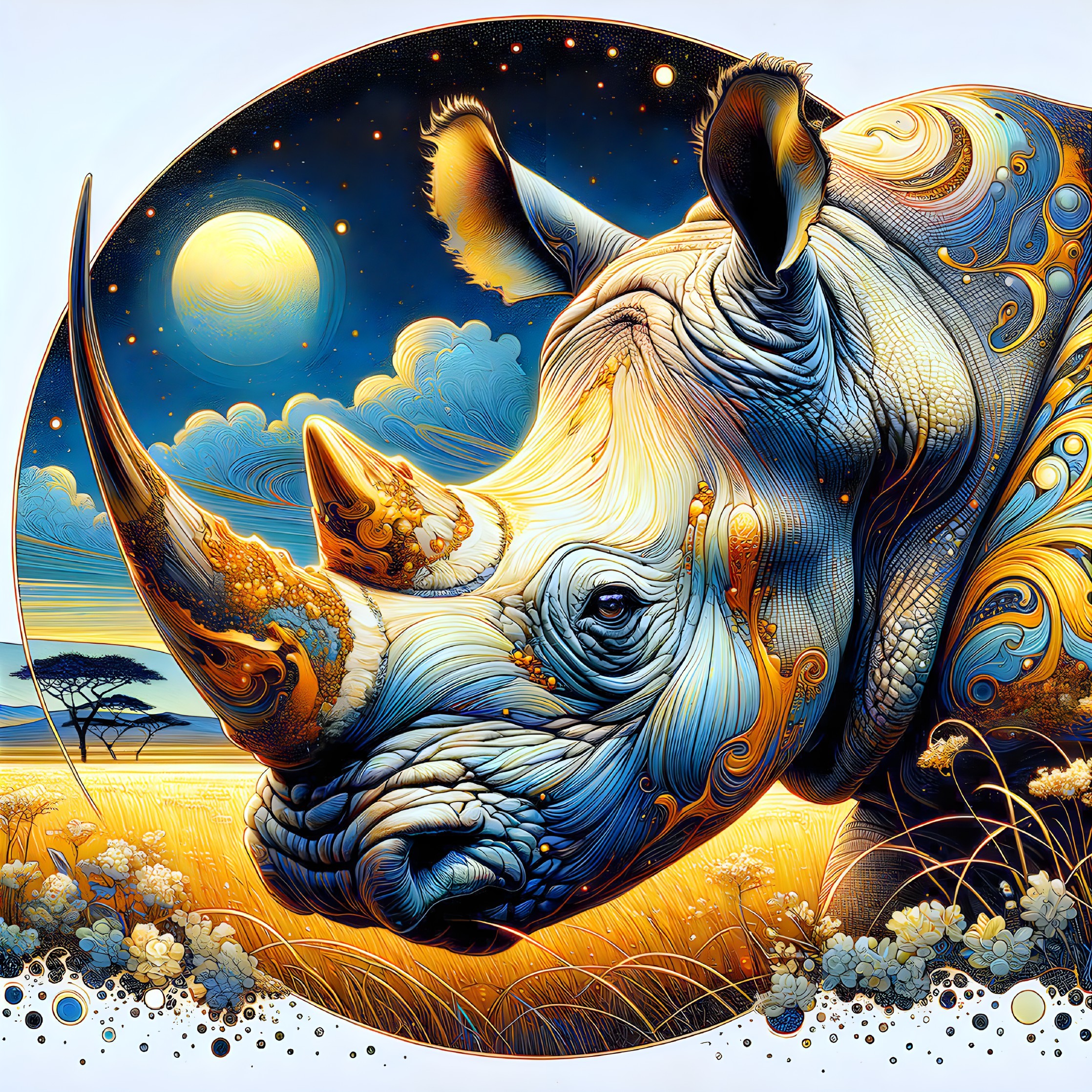 Majestic Rhinoceros Against Vibrant Artistic Backdrop