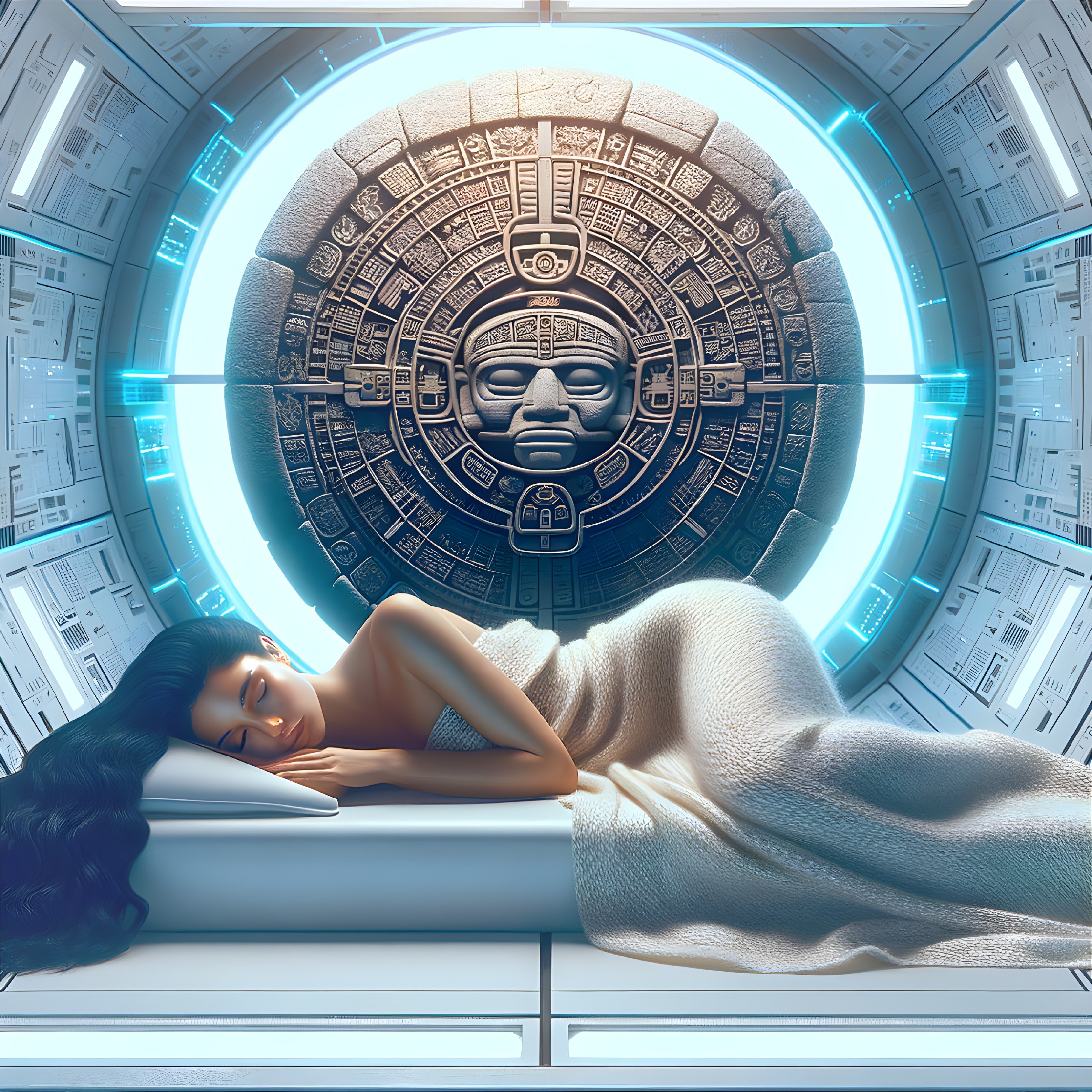 Futuristic Bed with Ancient Symbol Disk in Serene Setting