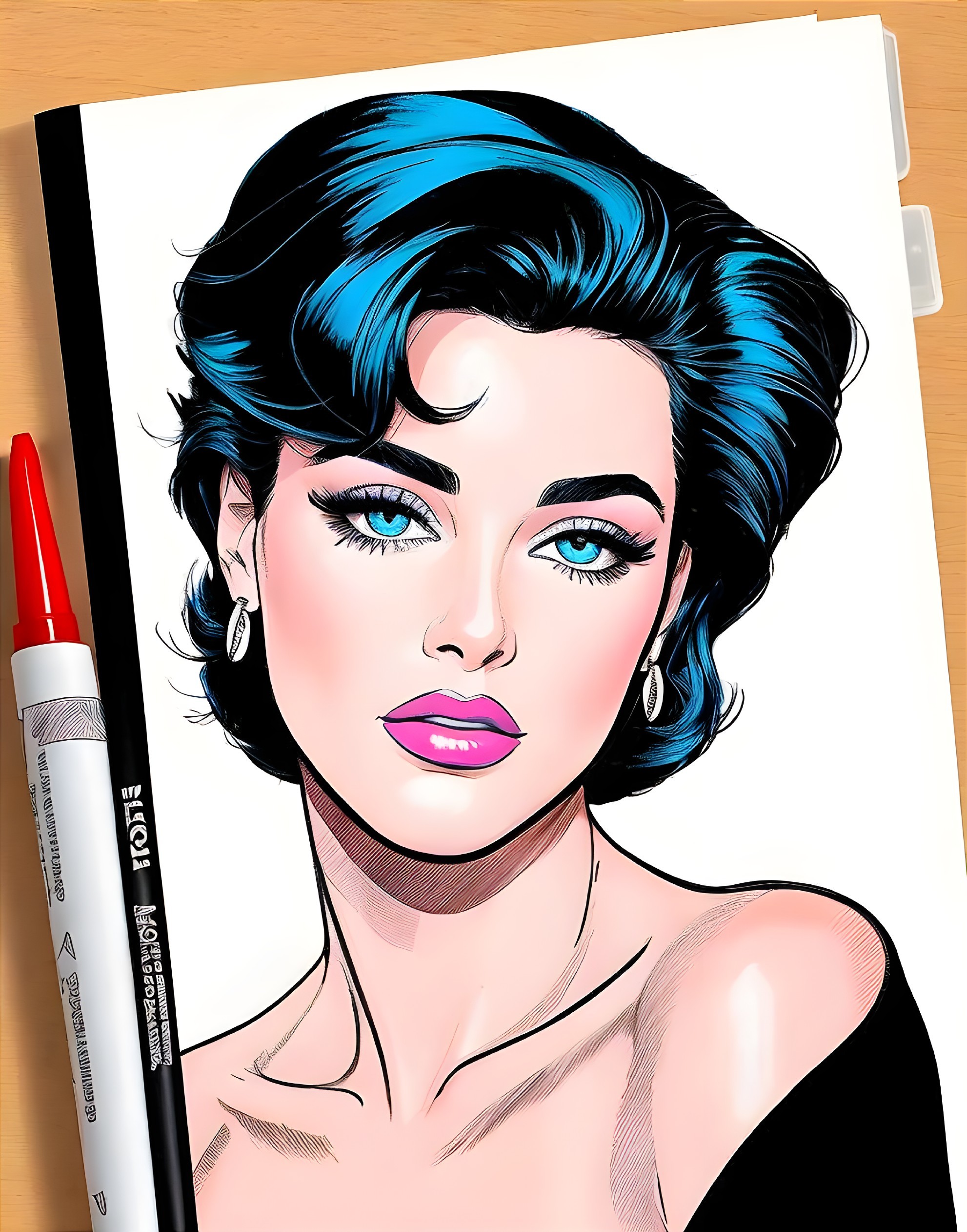Woman with Blue Hair and Markers on Wooden Surface