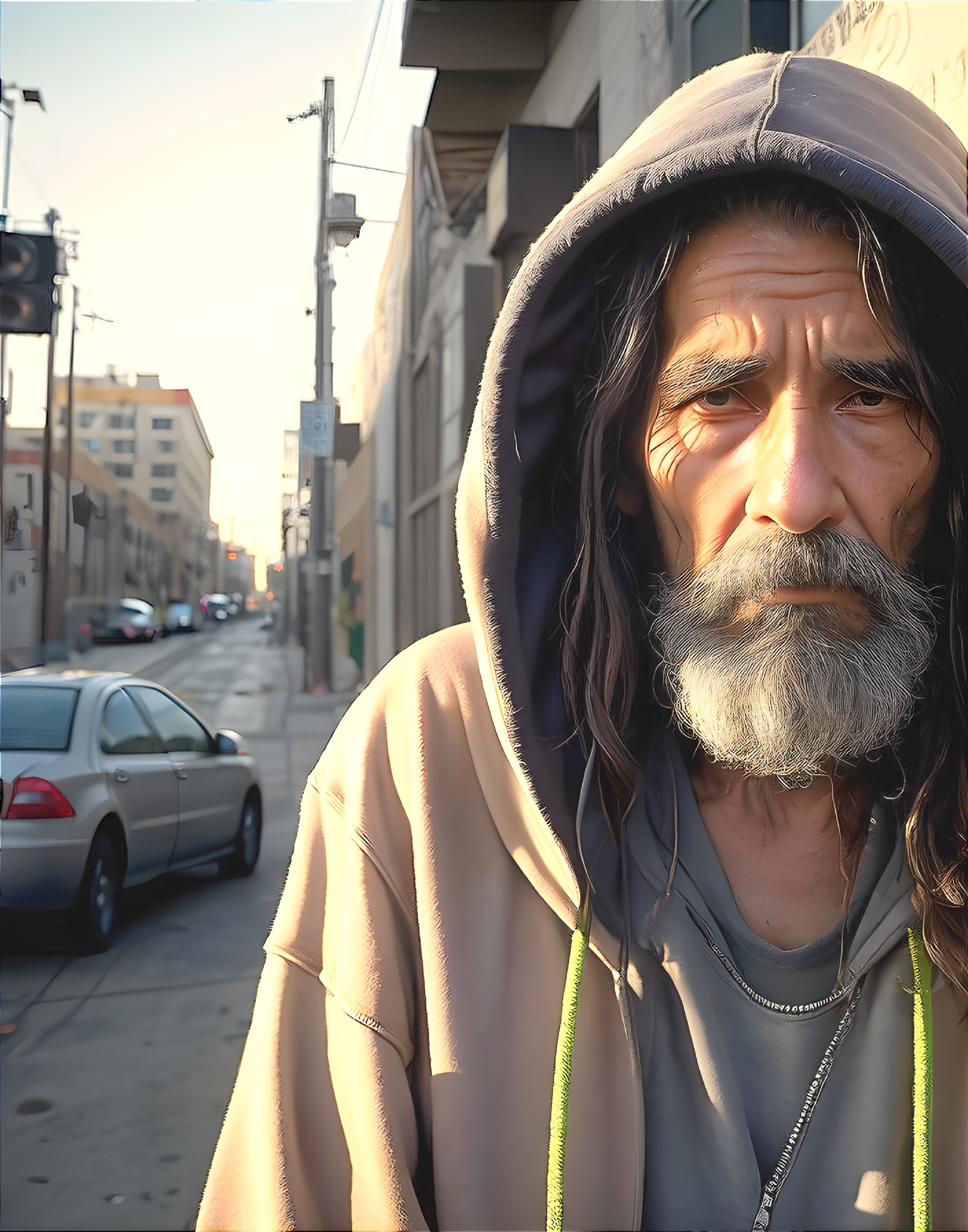 Man with long hair in hoodie, serious in alleyway