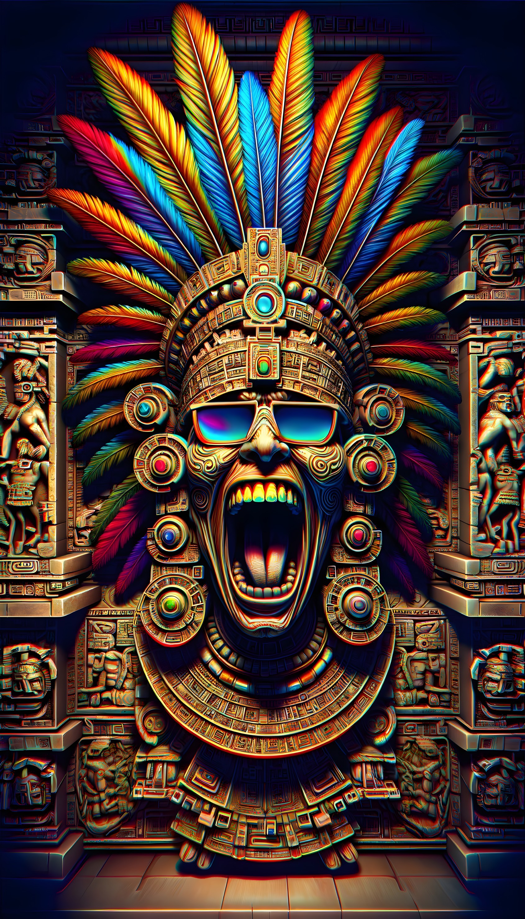 Aztec Deity Watching the Solar Eclipse in Awe 