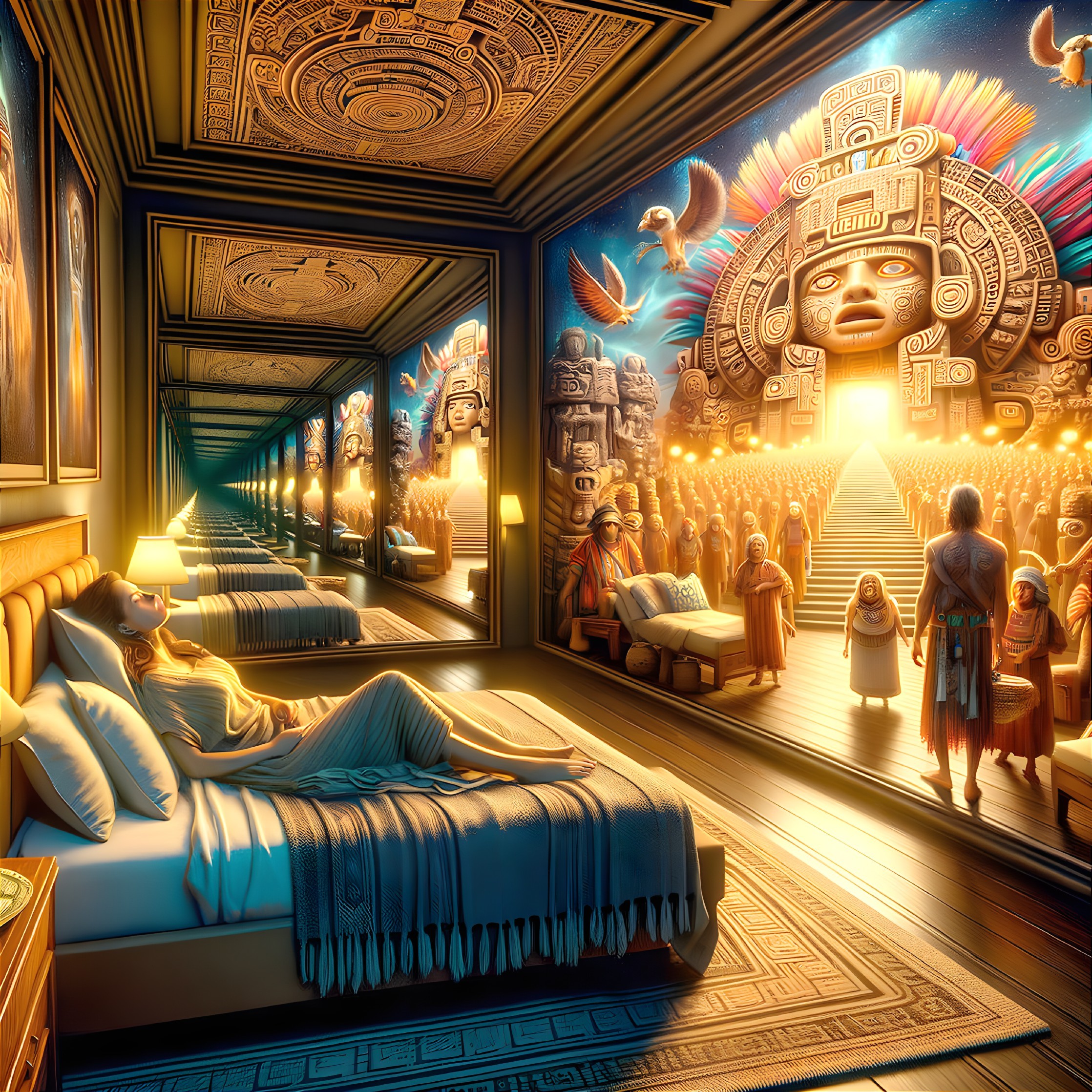 Mesoamerican-themed vibrant interior with wall art