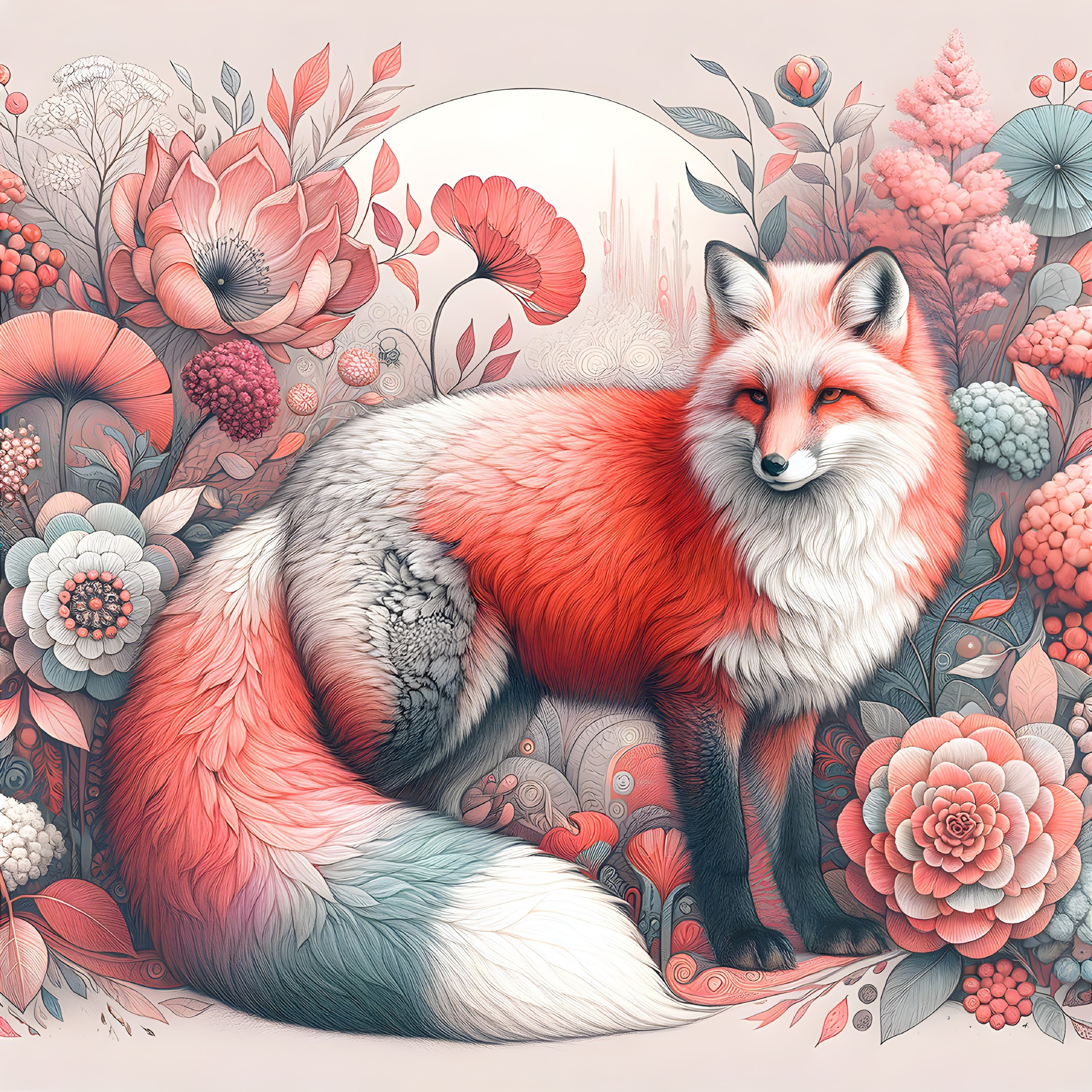 Stylized fox with vibrant fur in floral backdrop