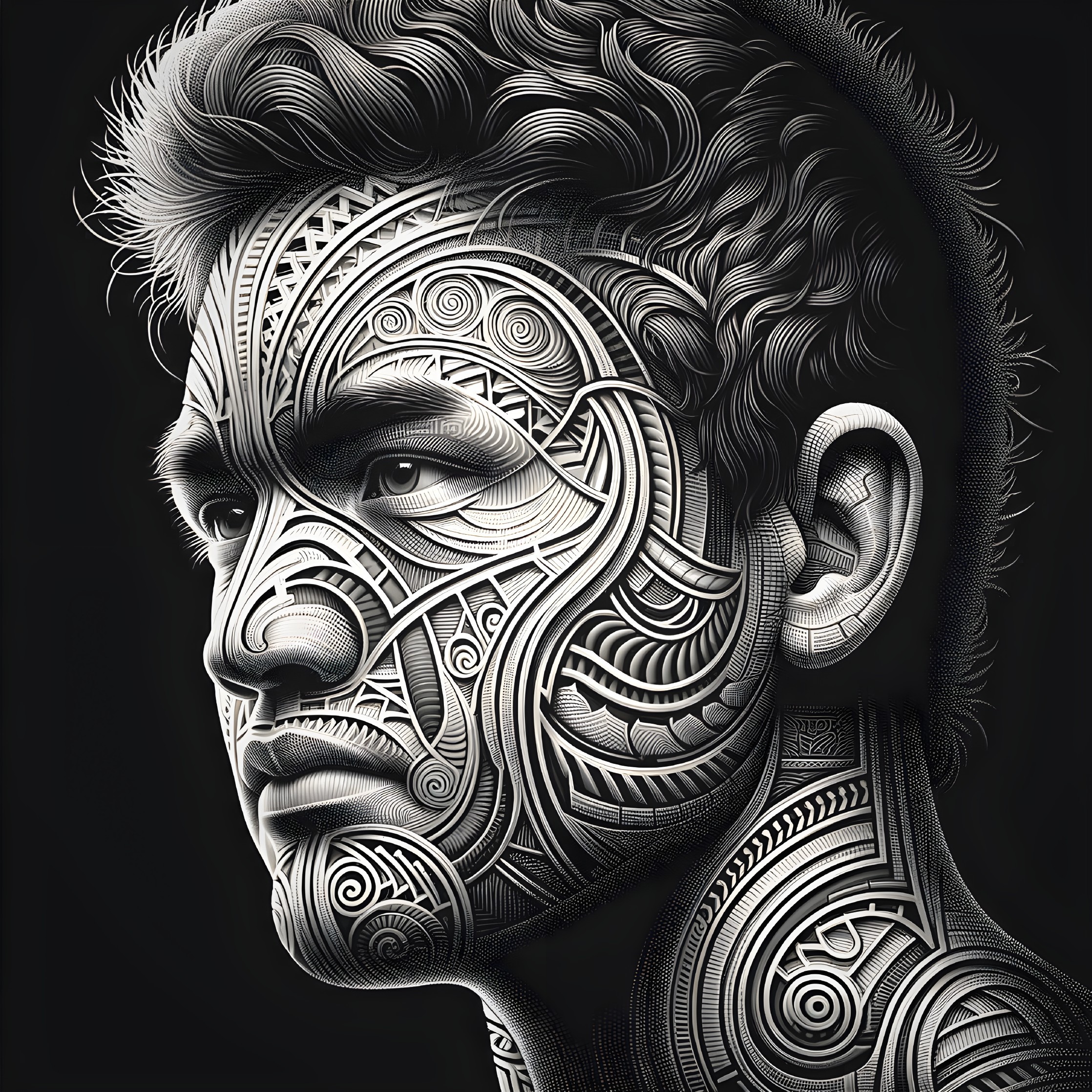 Black and White Digital Artwork of Tribal Tattooed Man
