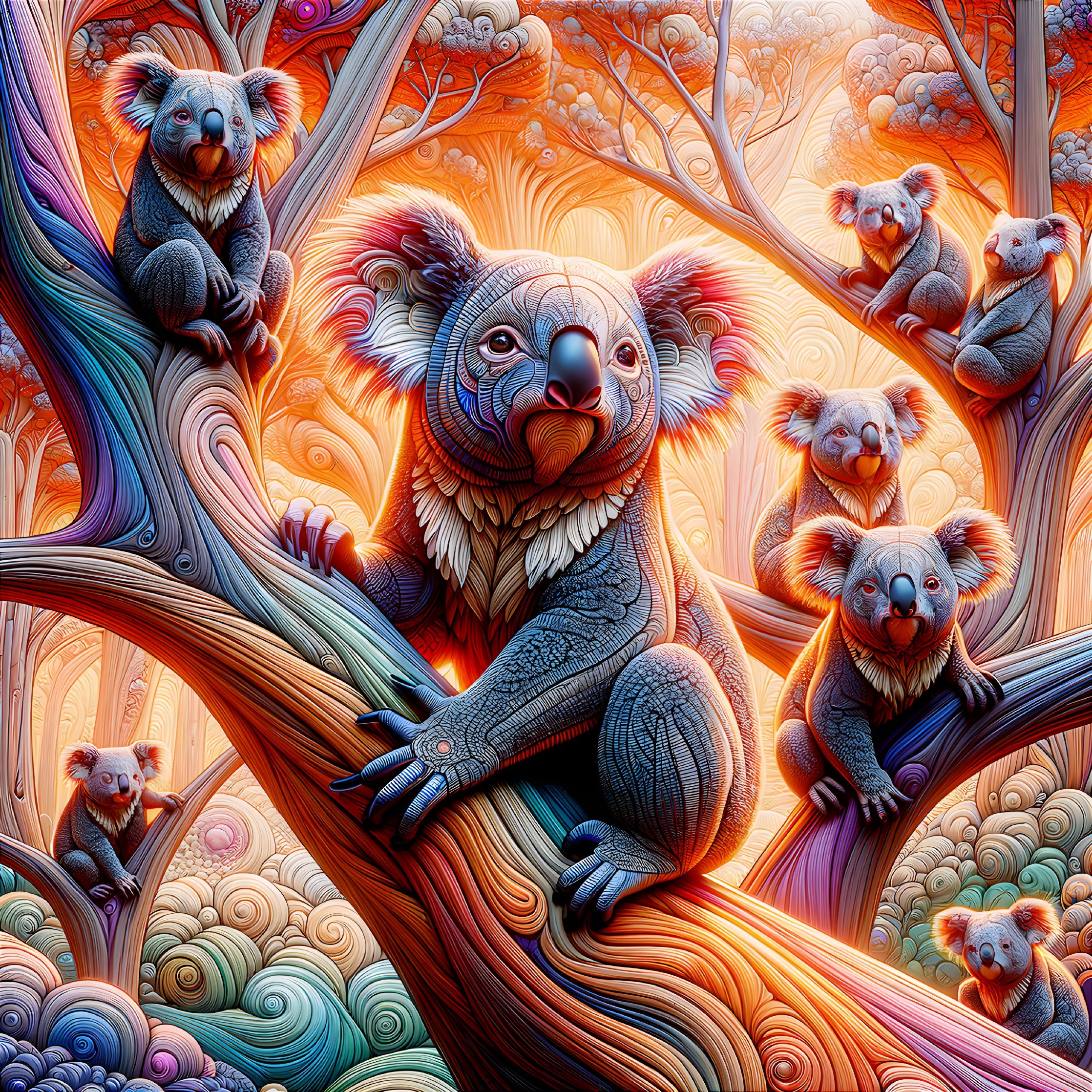Colorful Digital Artwork: Koalas on Branches with Ornate Background