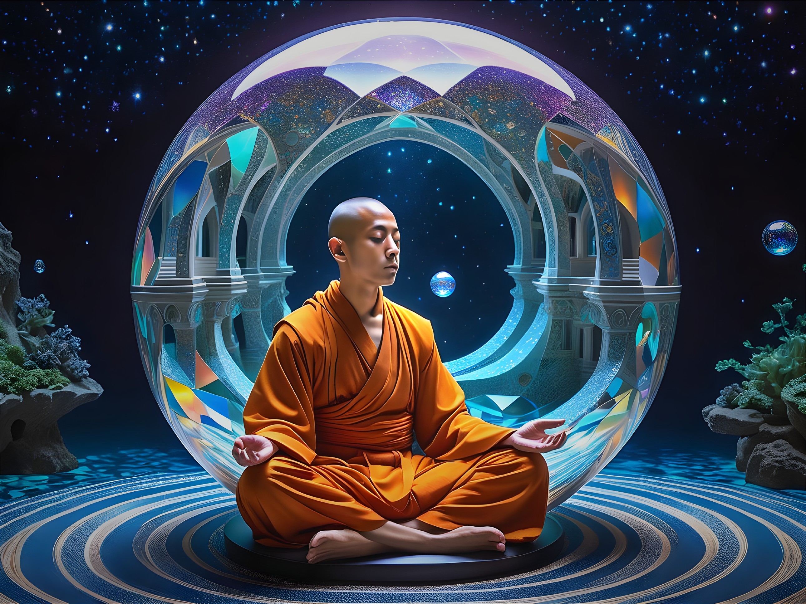 Monk in Orange Robes Meditates in Cosmic Orb Structure