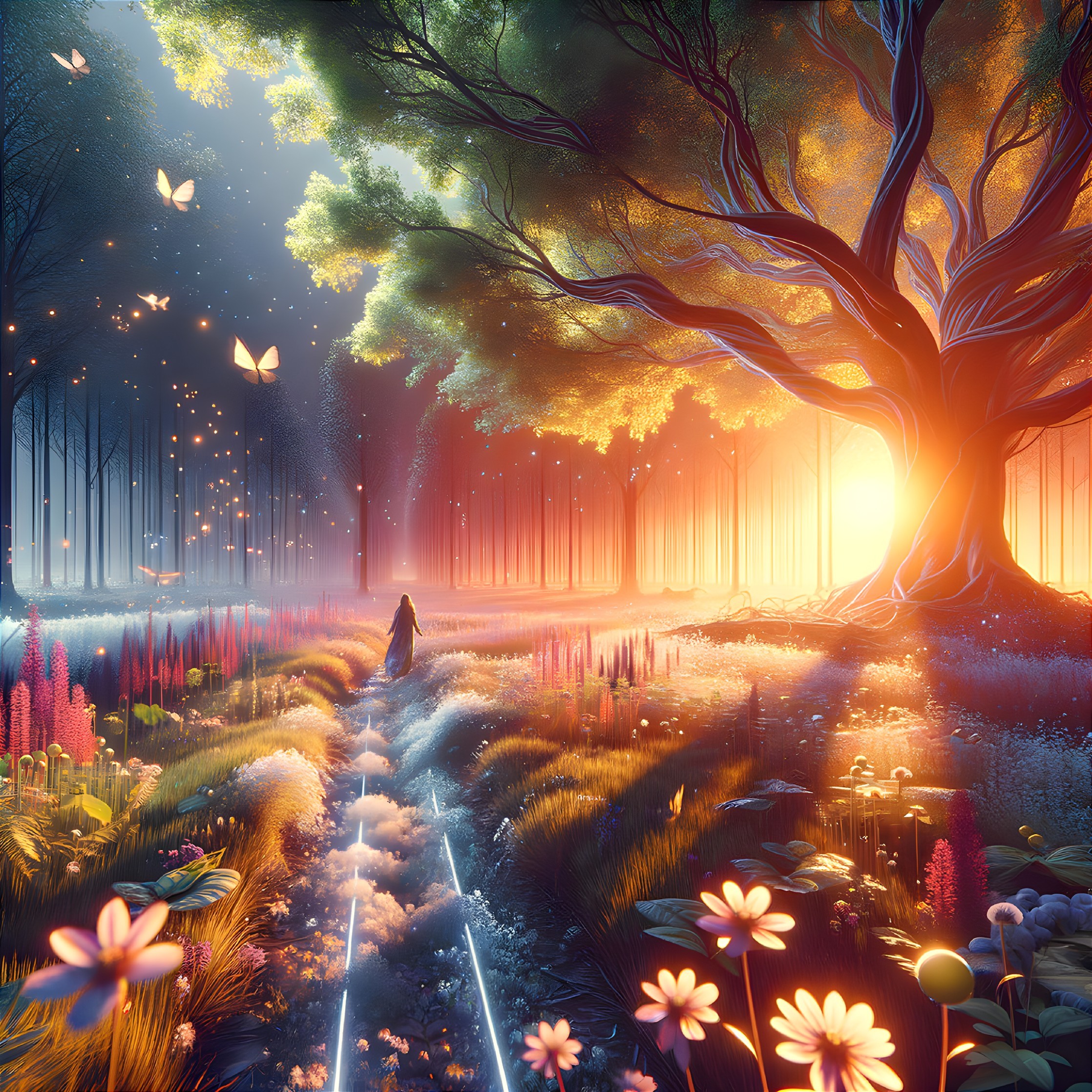 Enchanted forest with large tree, colorful flora, and fluttering butterflies