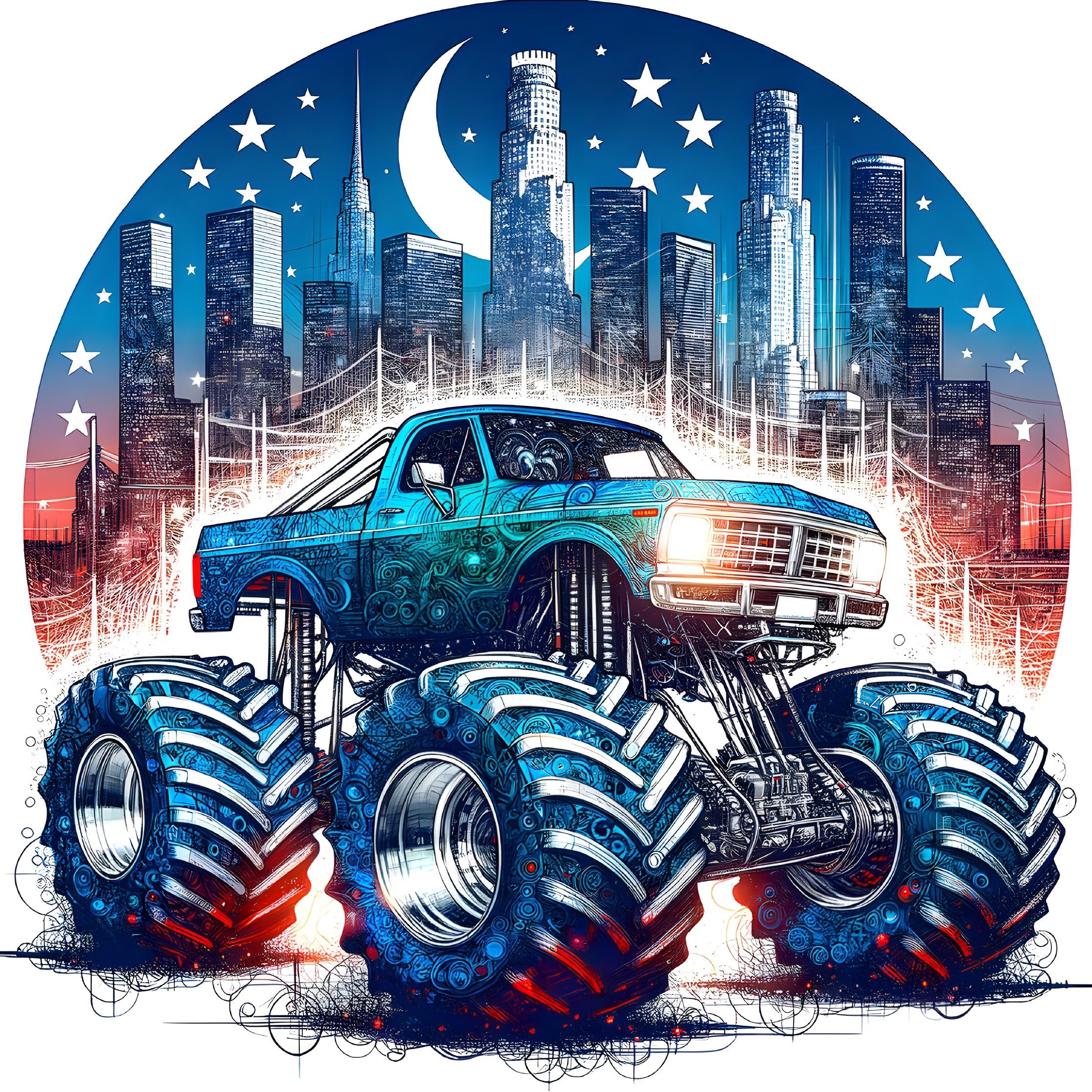 Vibrant Monster Truck Illustration Against City Skyline