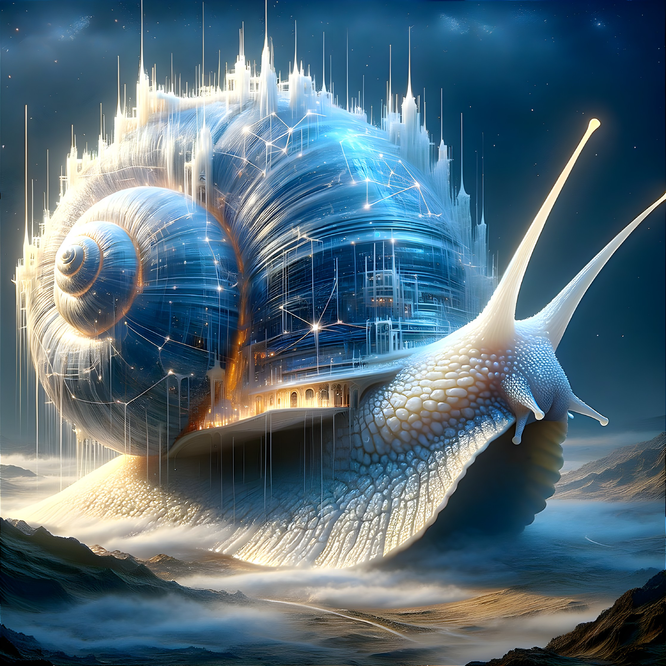 Ethereal Snail in Surreal Landscape with Cityscape Shell
