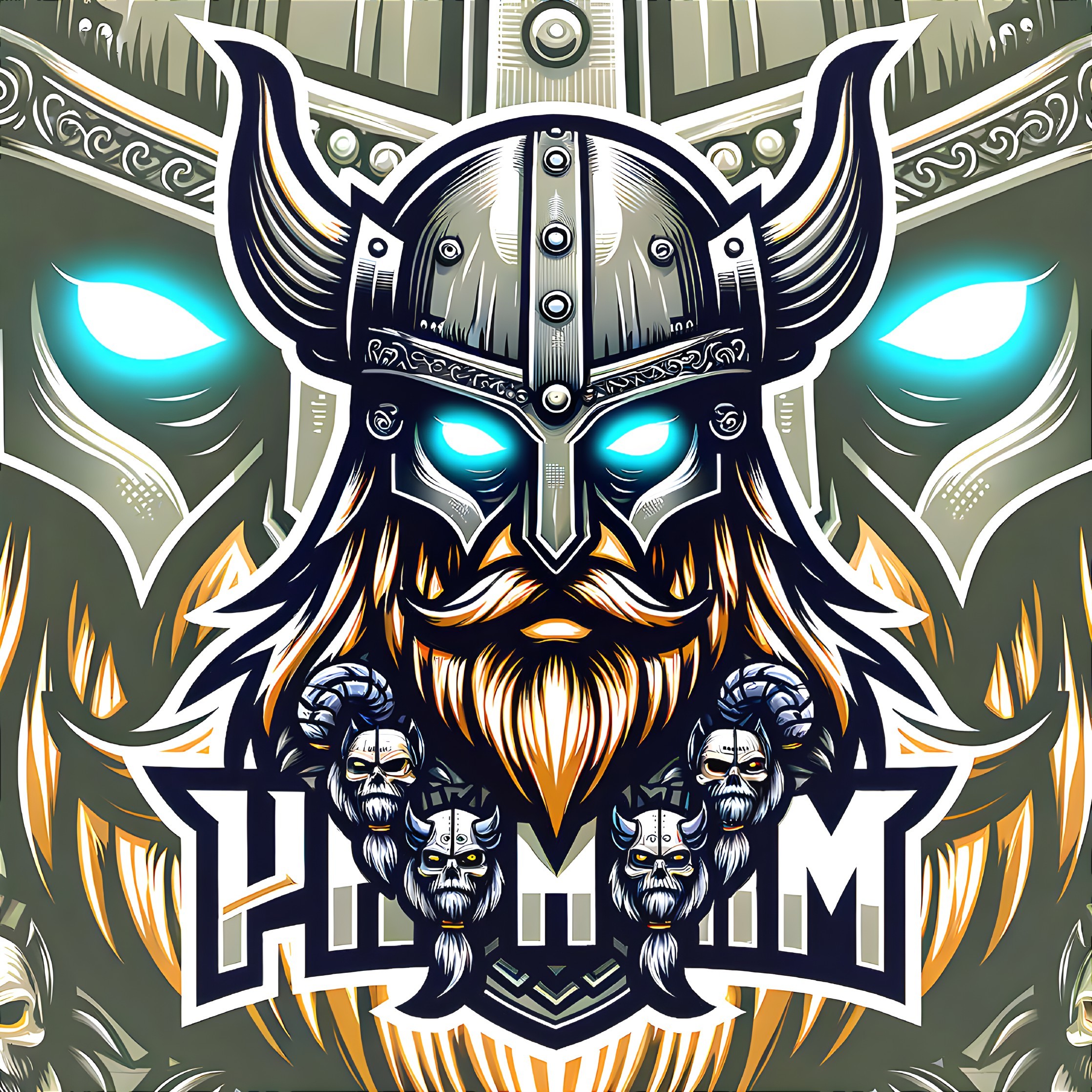 Viking warrior graphic with glowing blue eyes and intricate details