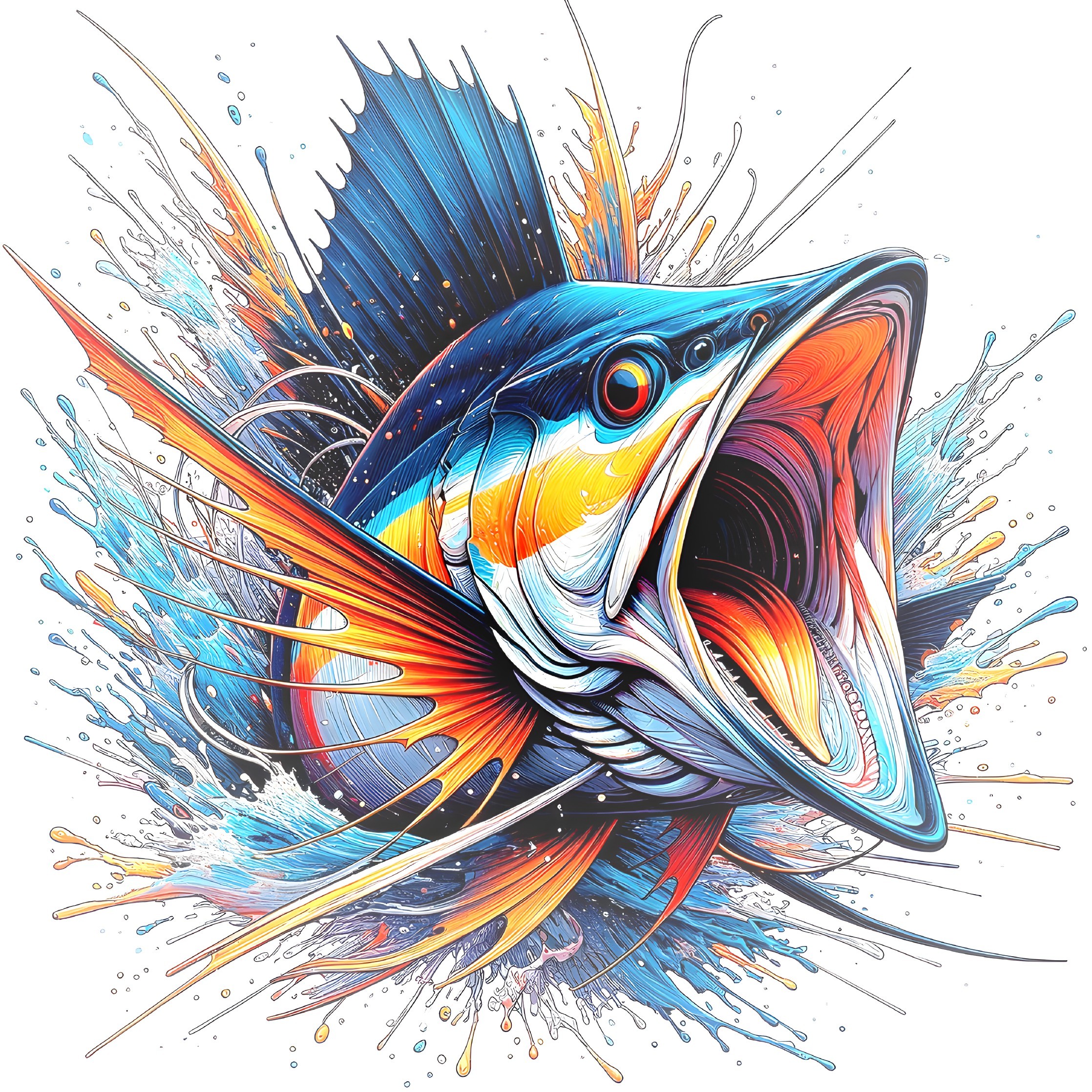 Colorful Fish Illustration with Dynamic Water Splashes