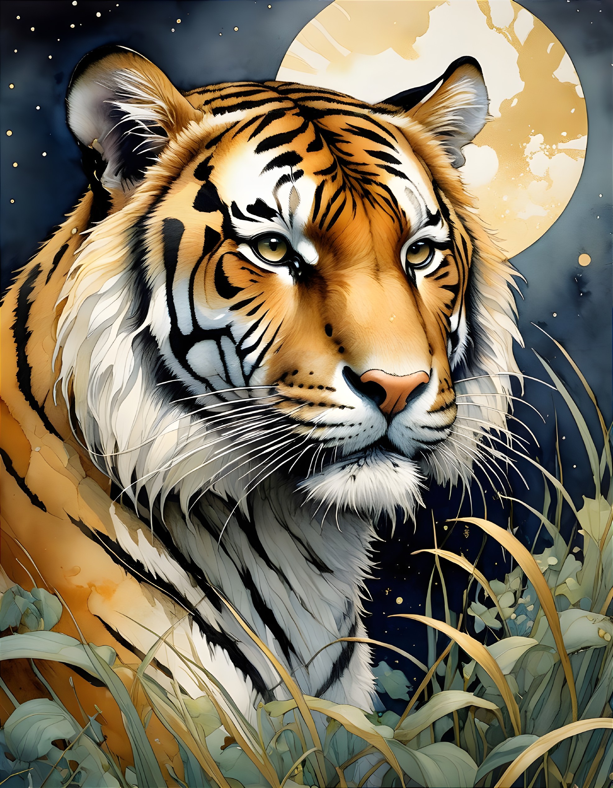 Majestic tiger under a full moon in a night sky