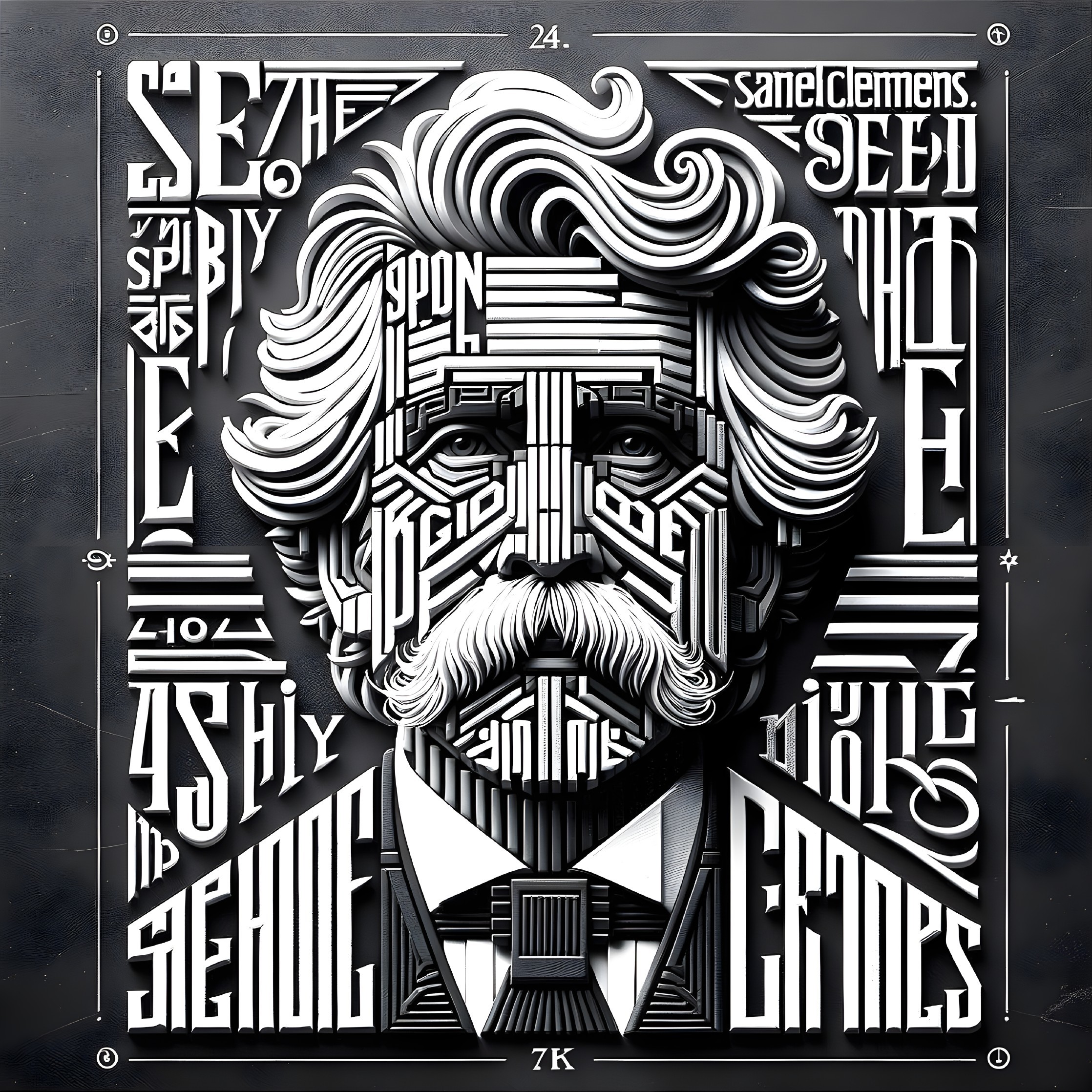 Monochrome illustration of bearded man with typography in hair & beard