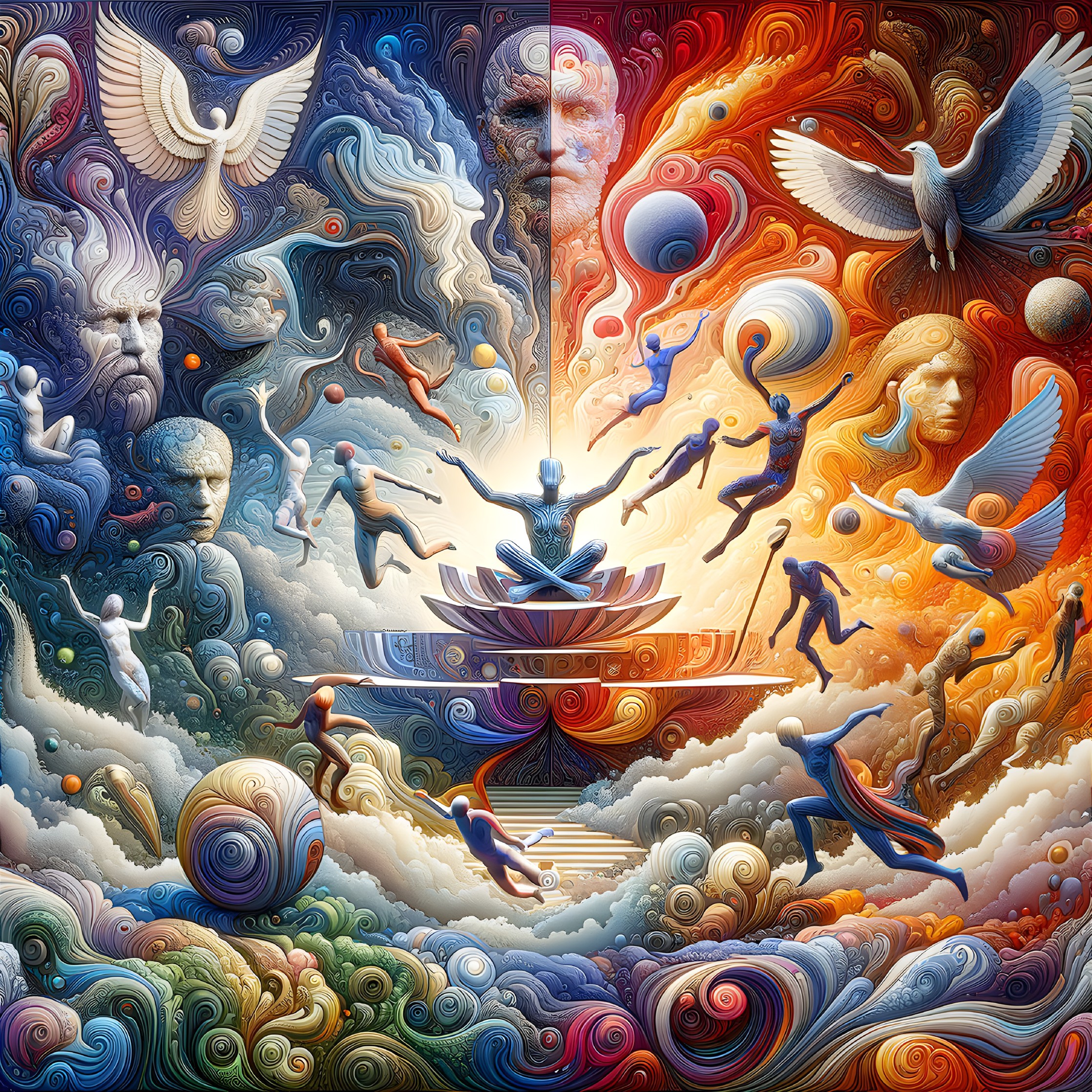 Vibrant surreal artwork: human figures, celestial elements, abstract patterns in dreamlike flow.