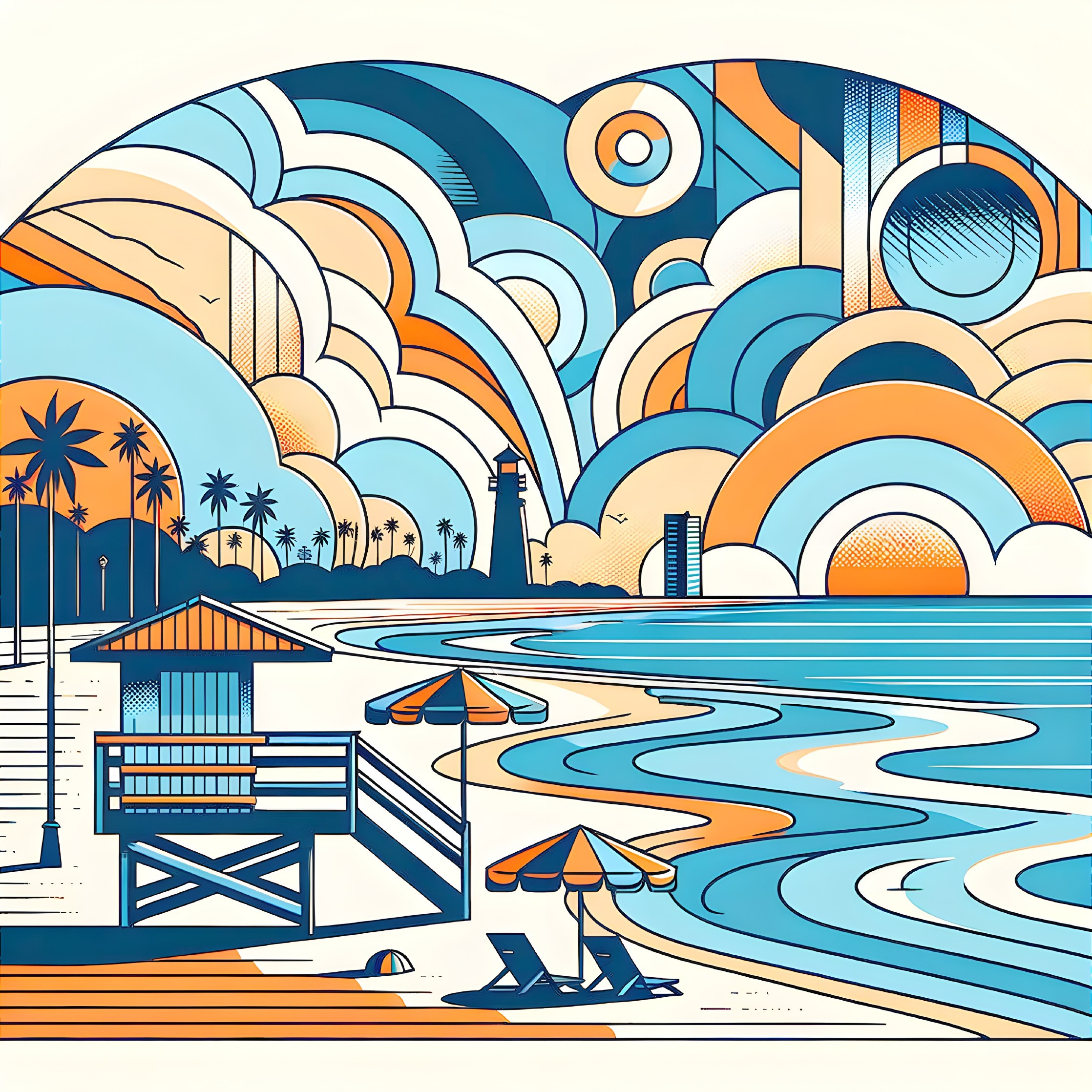 Vibrant Beach Scene with Waves and Sunset Elements