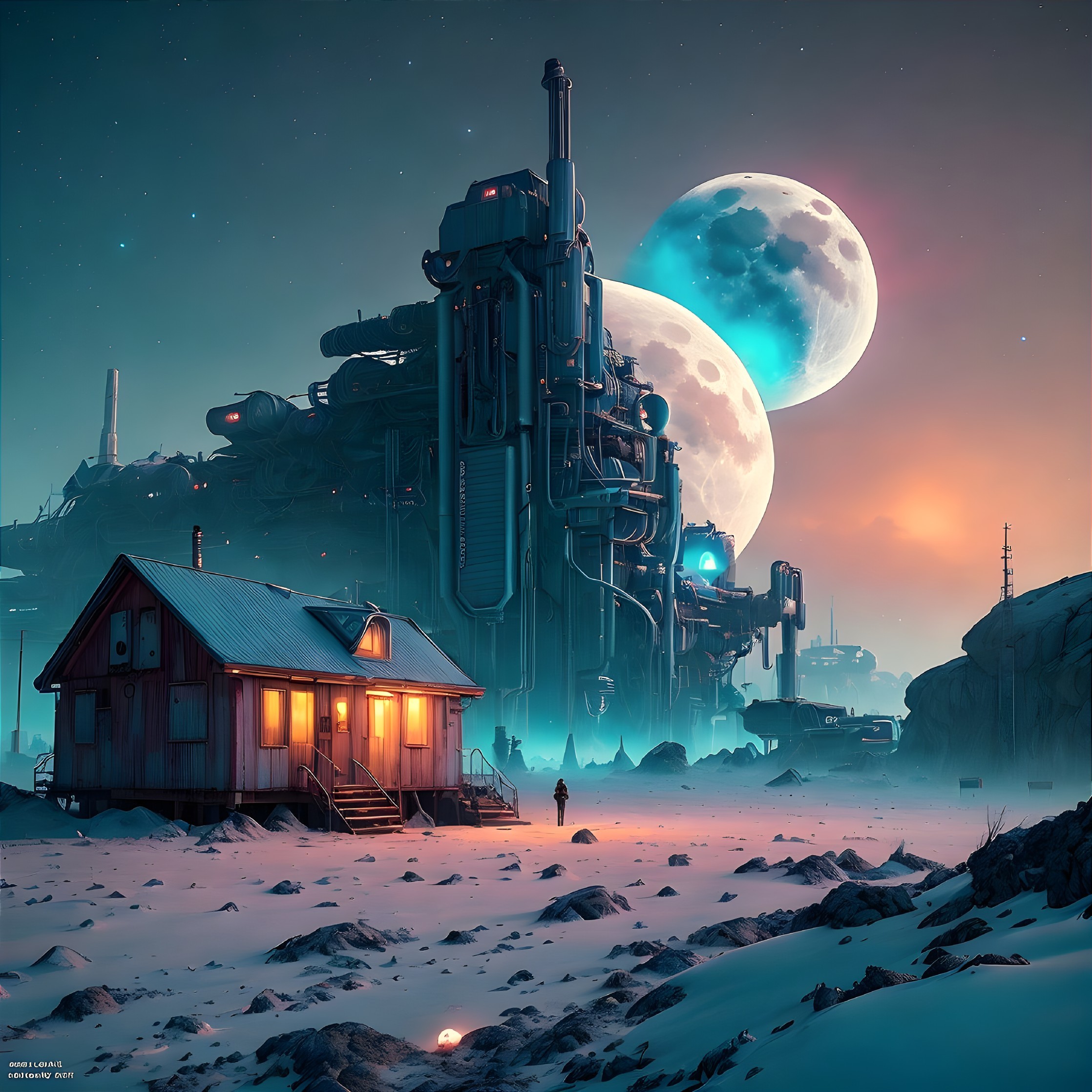 Person near cozy cabin gazes at industrial facility under two moons