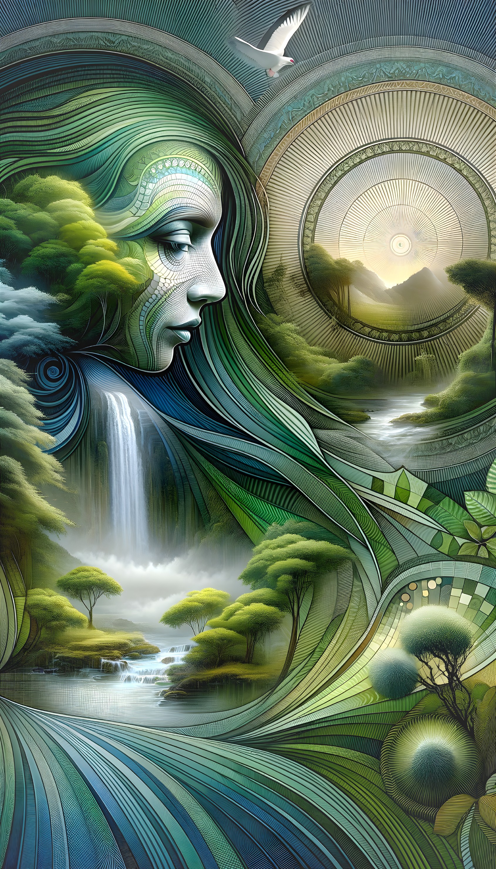 Serene Female Figure with Flowing Hair and Waterfall