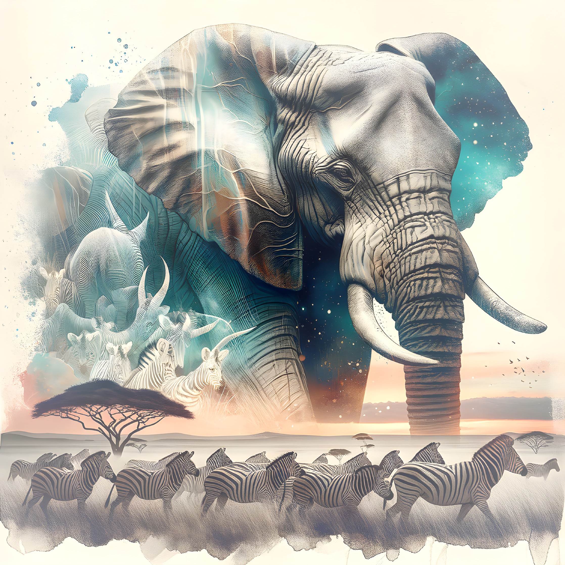 Majestic Elephant in Dreamlike Landscape with Zebras