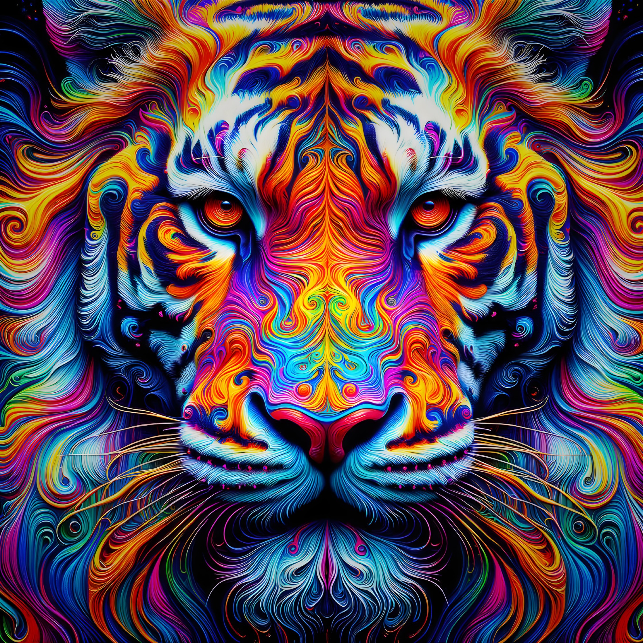 Psychedelic Tiger Face Illustration with Bold Colors