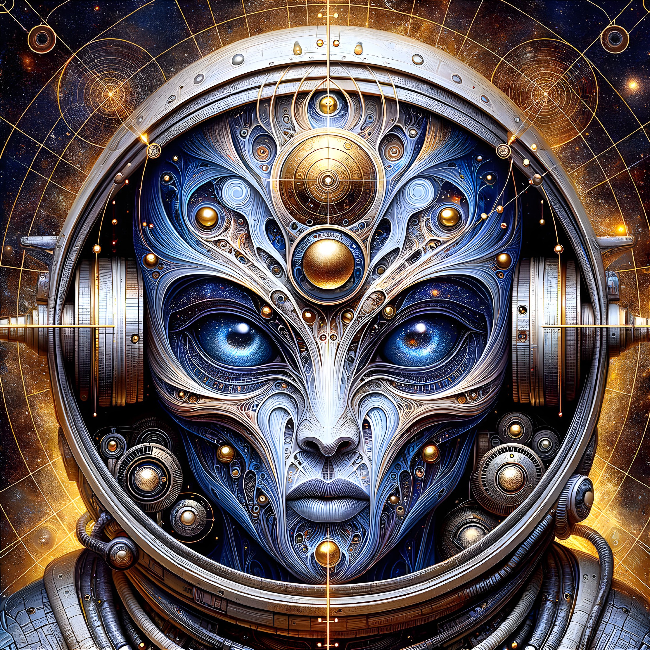 Detailed digital artwork: robotic face with cosmic patterns and golden hues