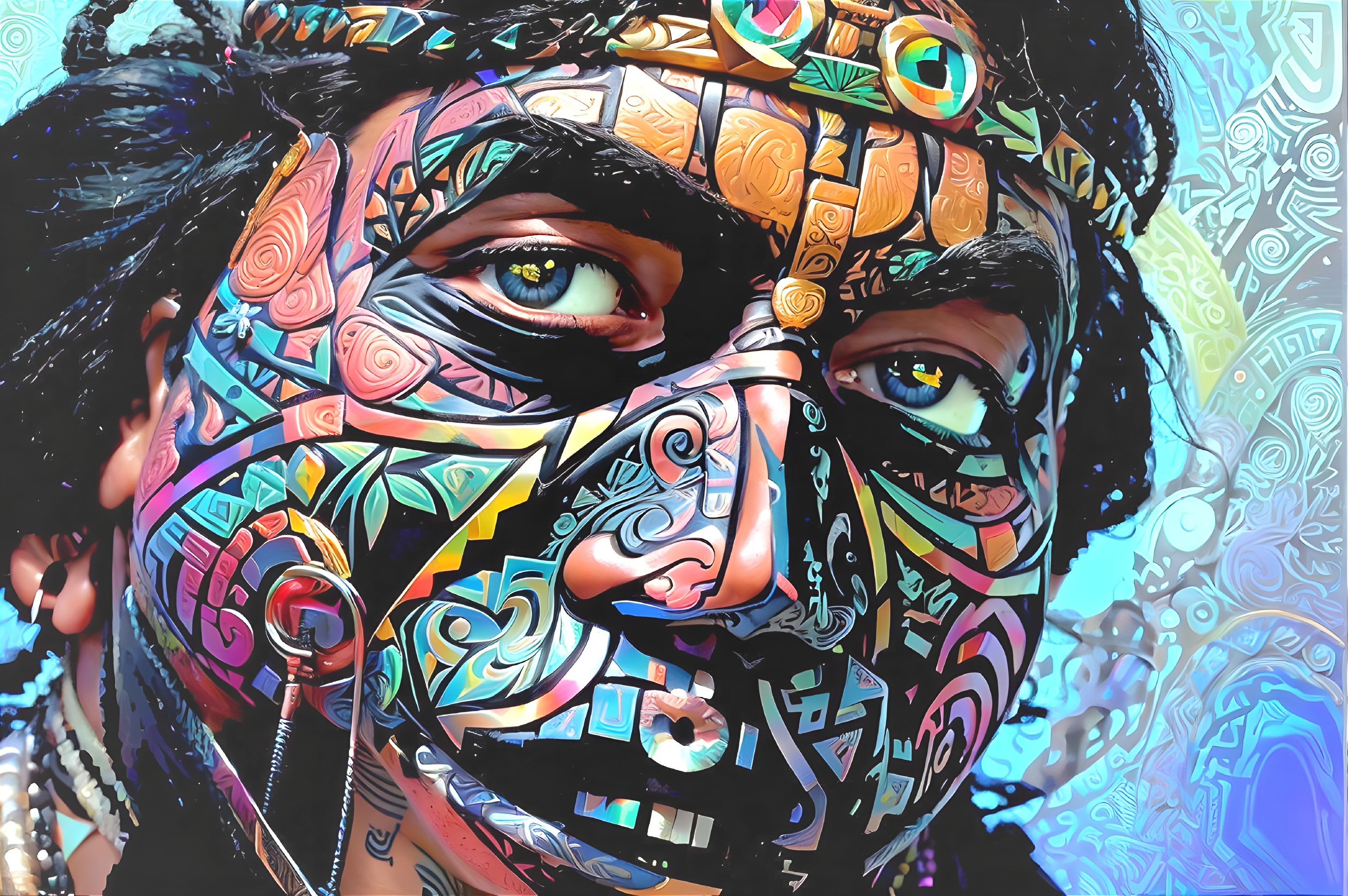 Vibrant Tribal Patterns on a Person's Face