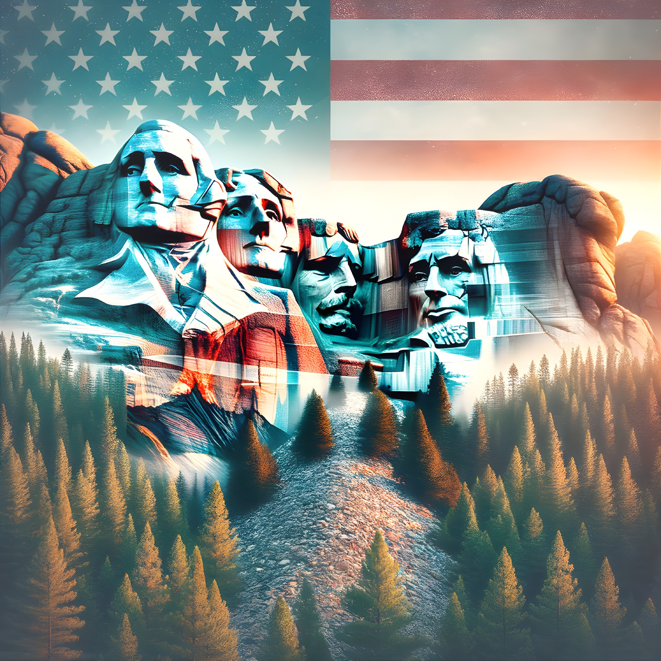 Digital artwork: Mount Rushmore fused with forest landscape and American flag