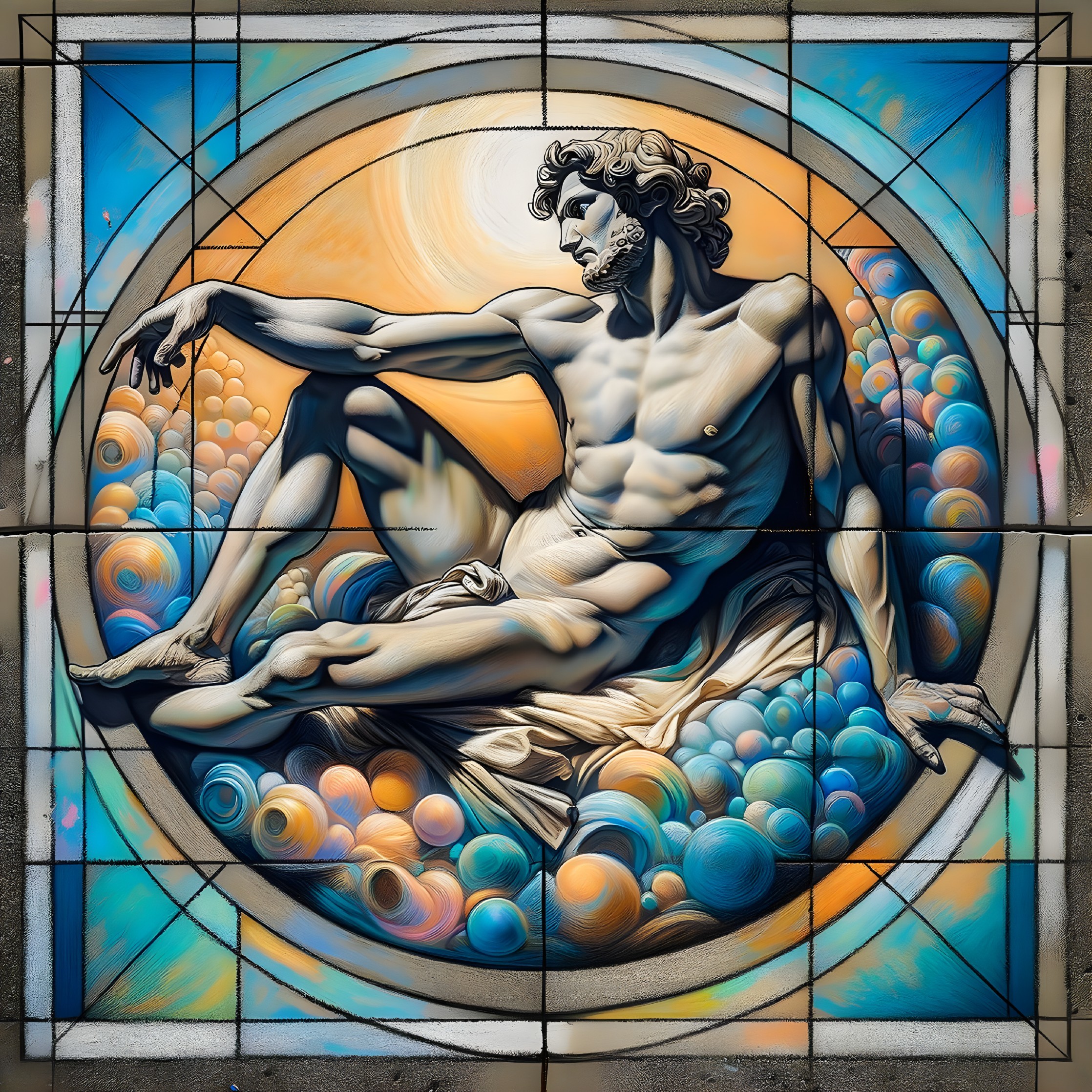 Muscular Reclining Male Figure in Vibrant Composition