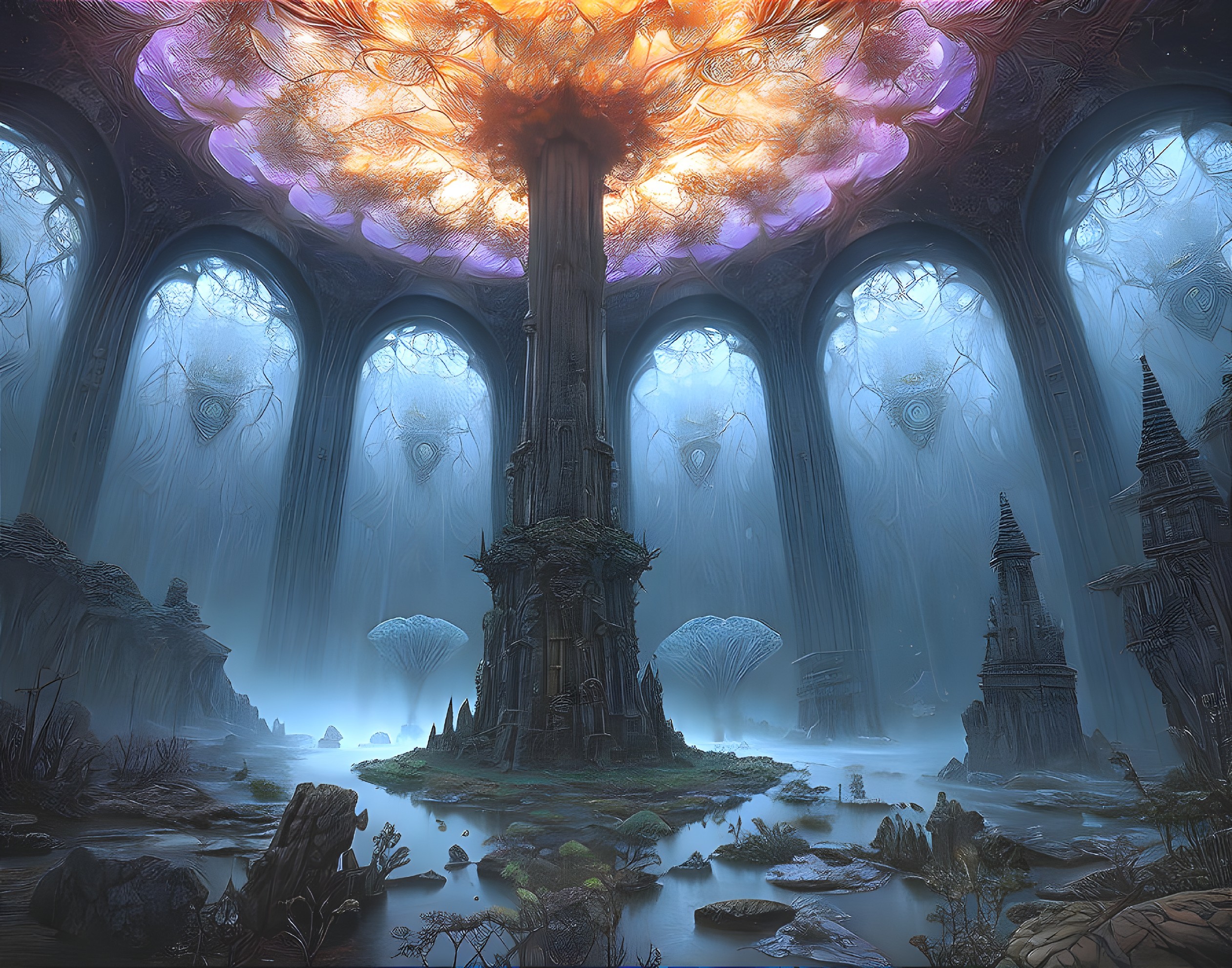 Mystical cathedral interior with towering pillars and vibrant orange tree-like structure