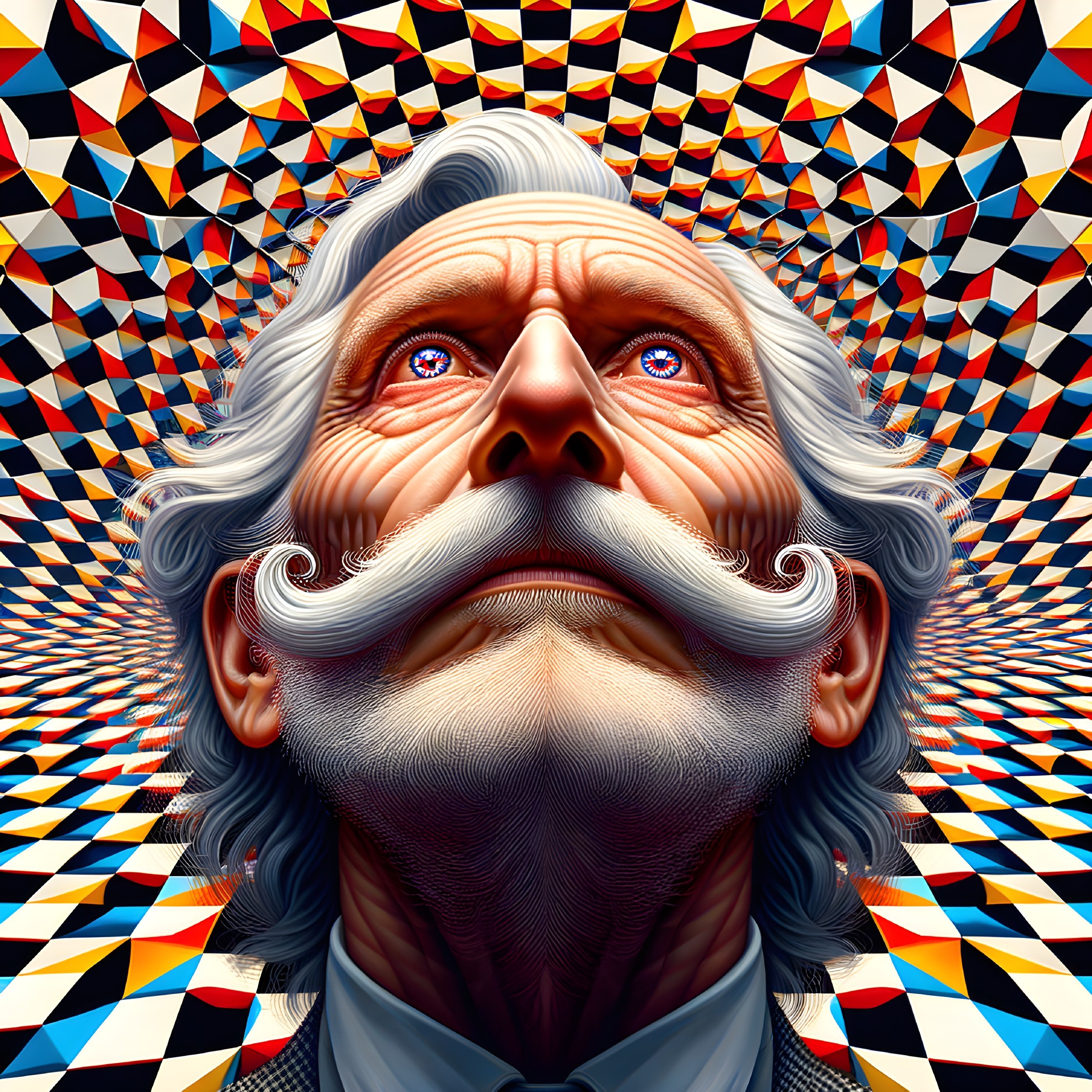 Man with Mustache and White Hair in Kaleidoscopic Art