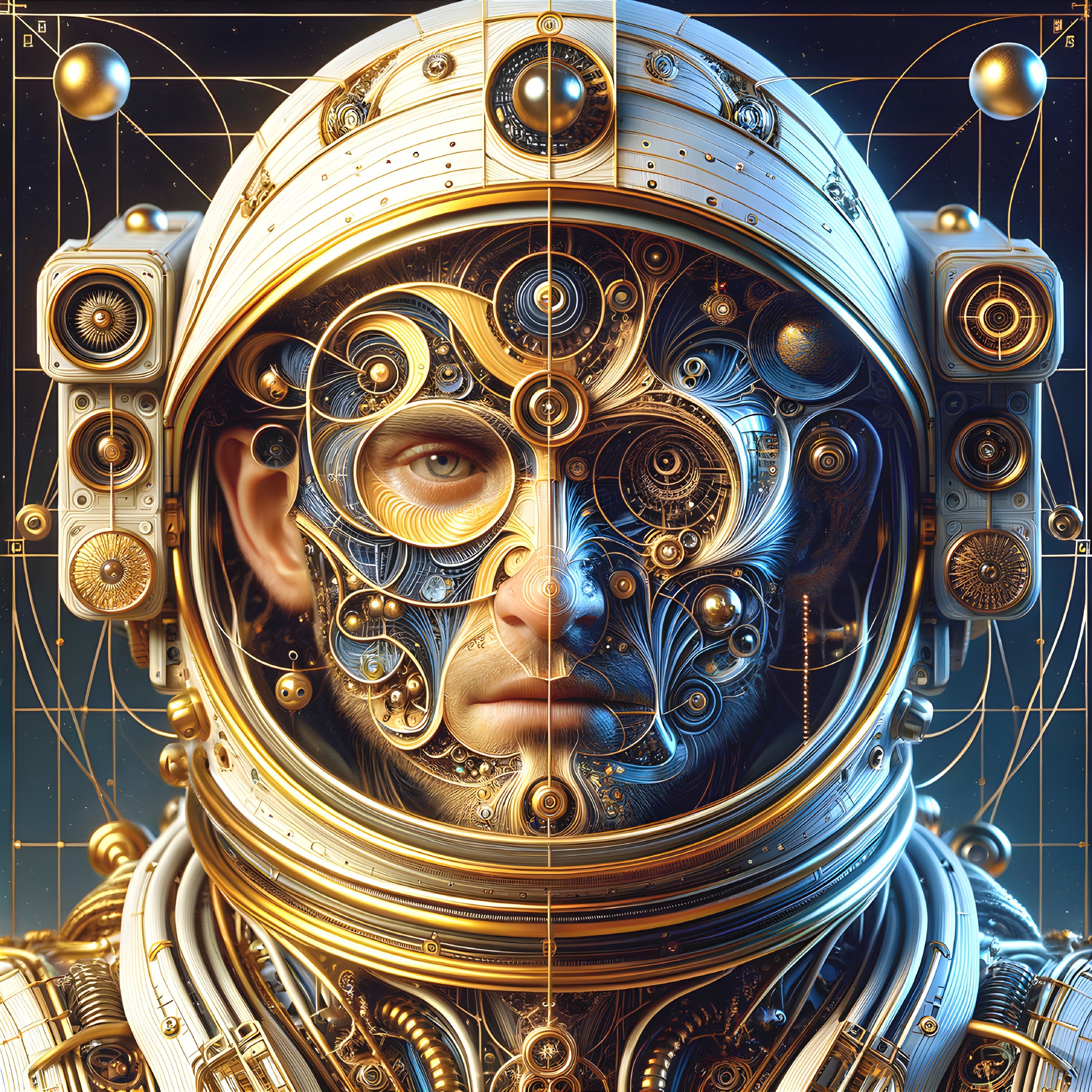 Detailed digital art: Person with complex mechanical astronaut helmet, gears, wires, and glowing elements, star