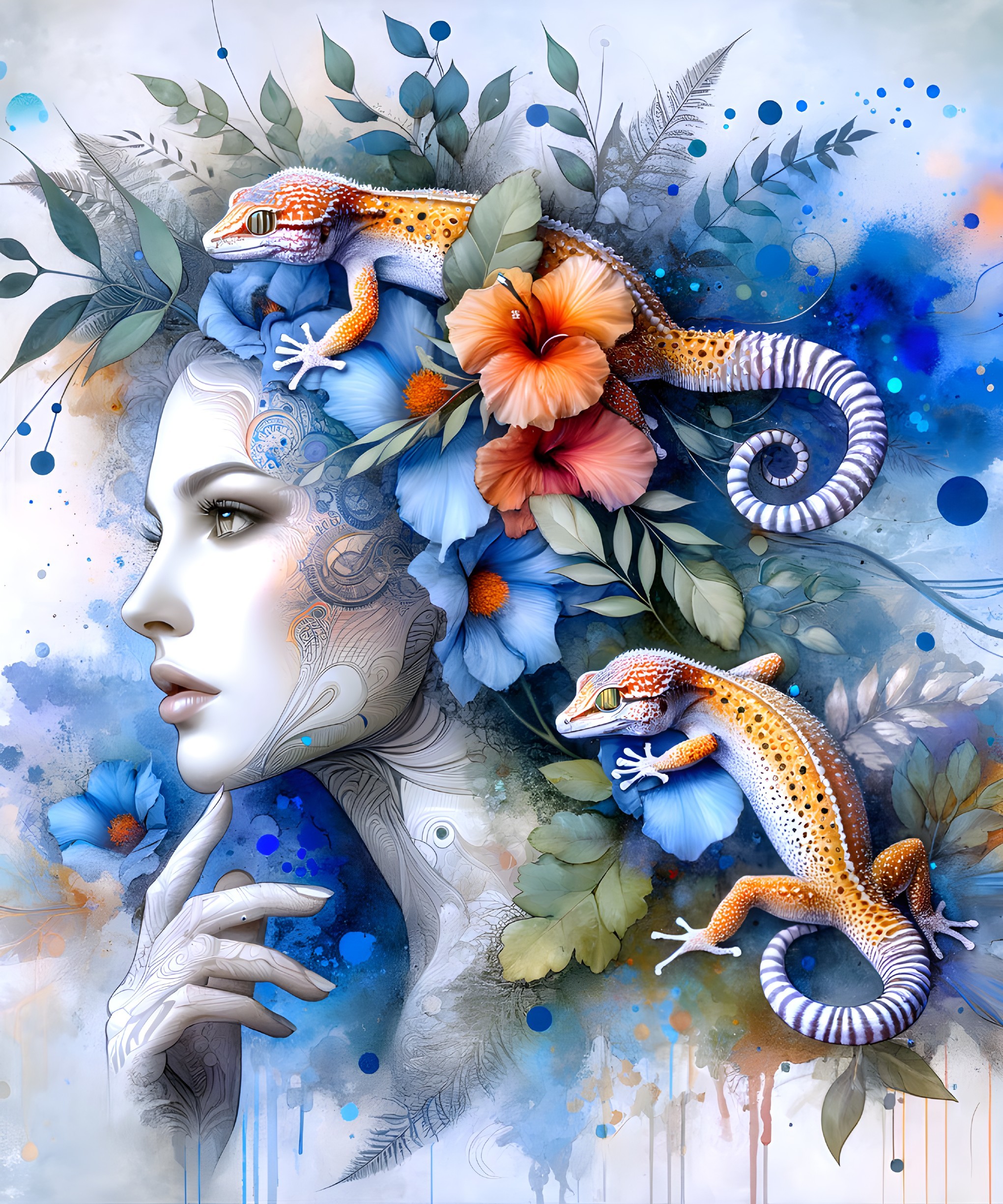 Woman's Profile Surrounded by Flowers and Lizards