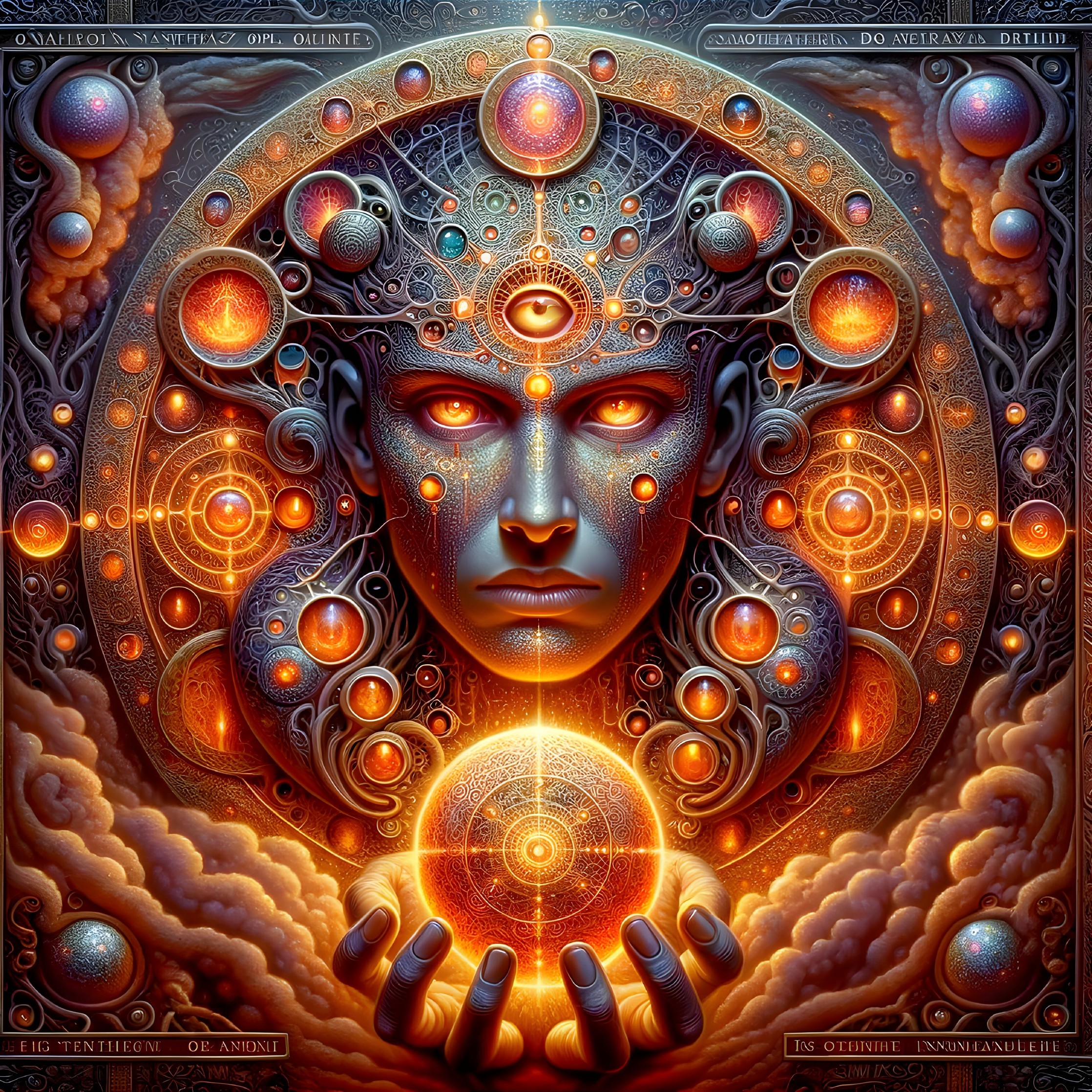 Intricate Cosmic Figure with Mystical Eyes and Orb