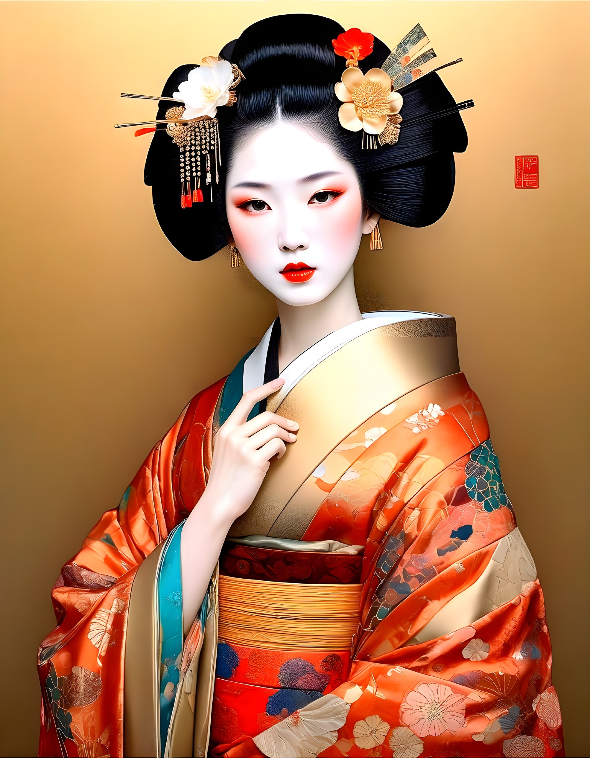 Woman portrait styled as geisha with fan on golden background