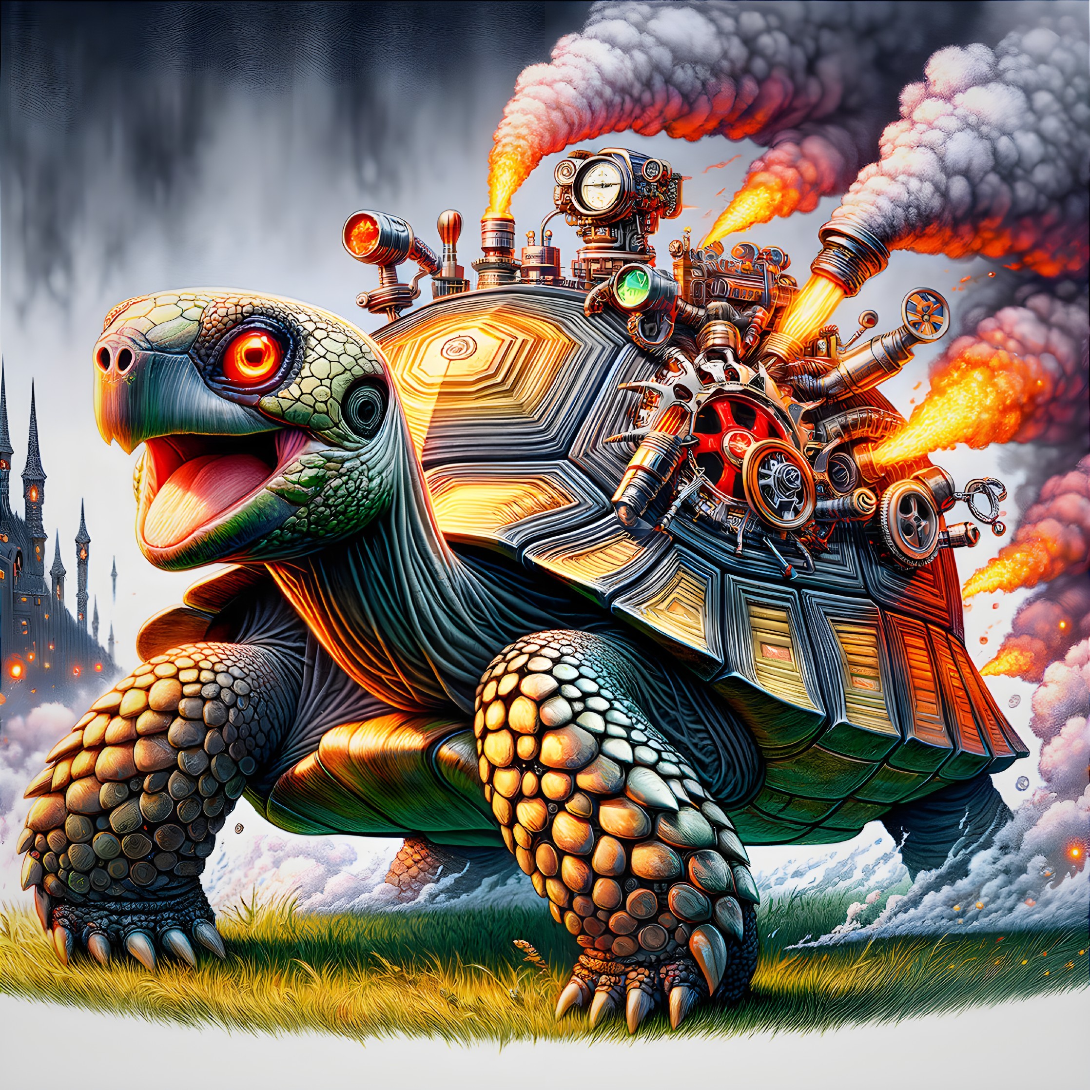 Mechanical Turtle Illustration with Gothic Castle Background