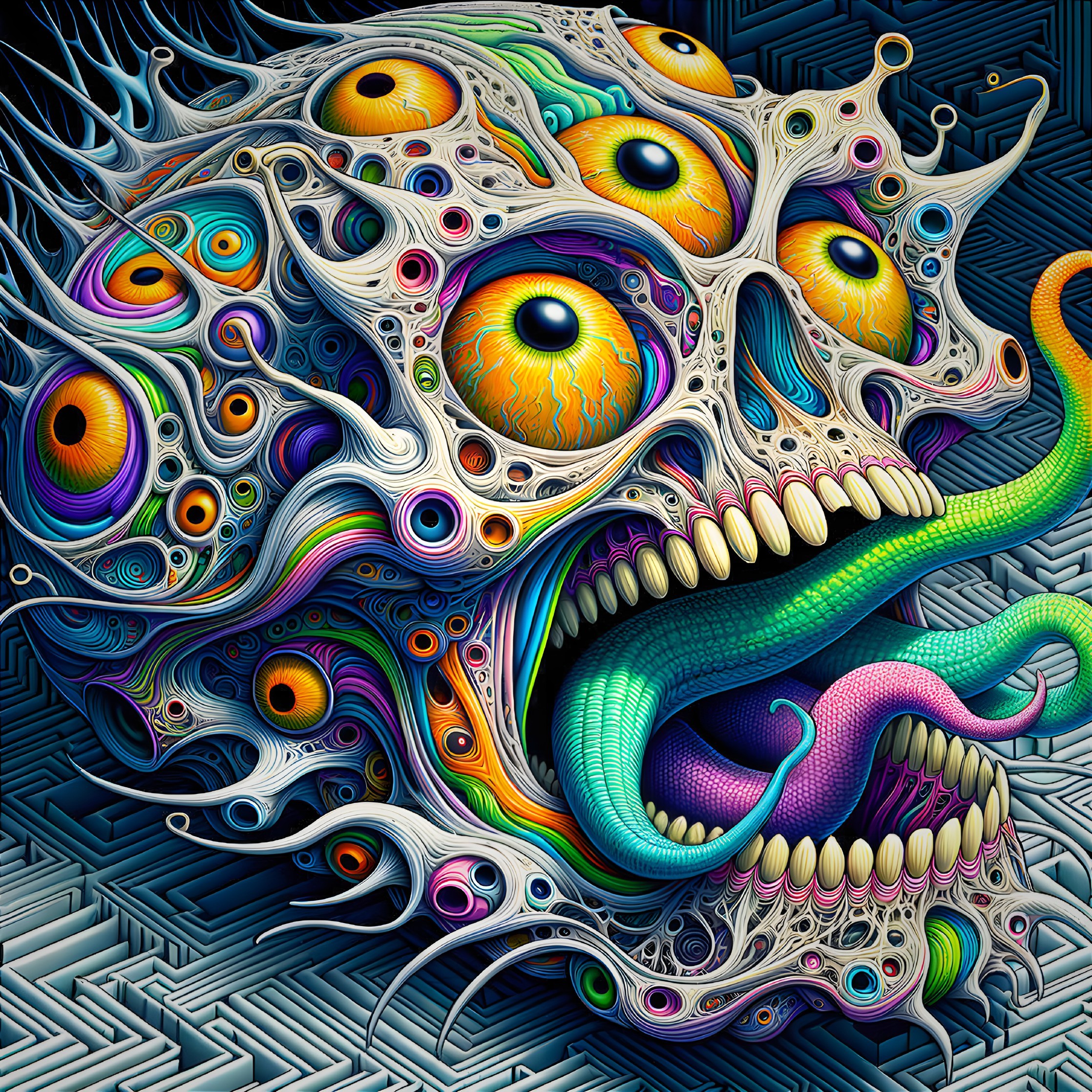Surreal Skull with Colorful Eyes and Intricate Patterns